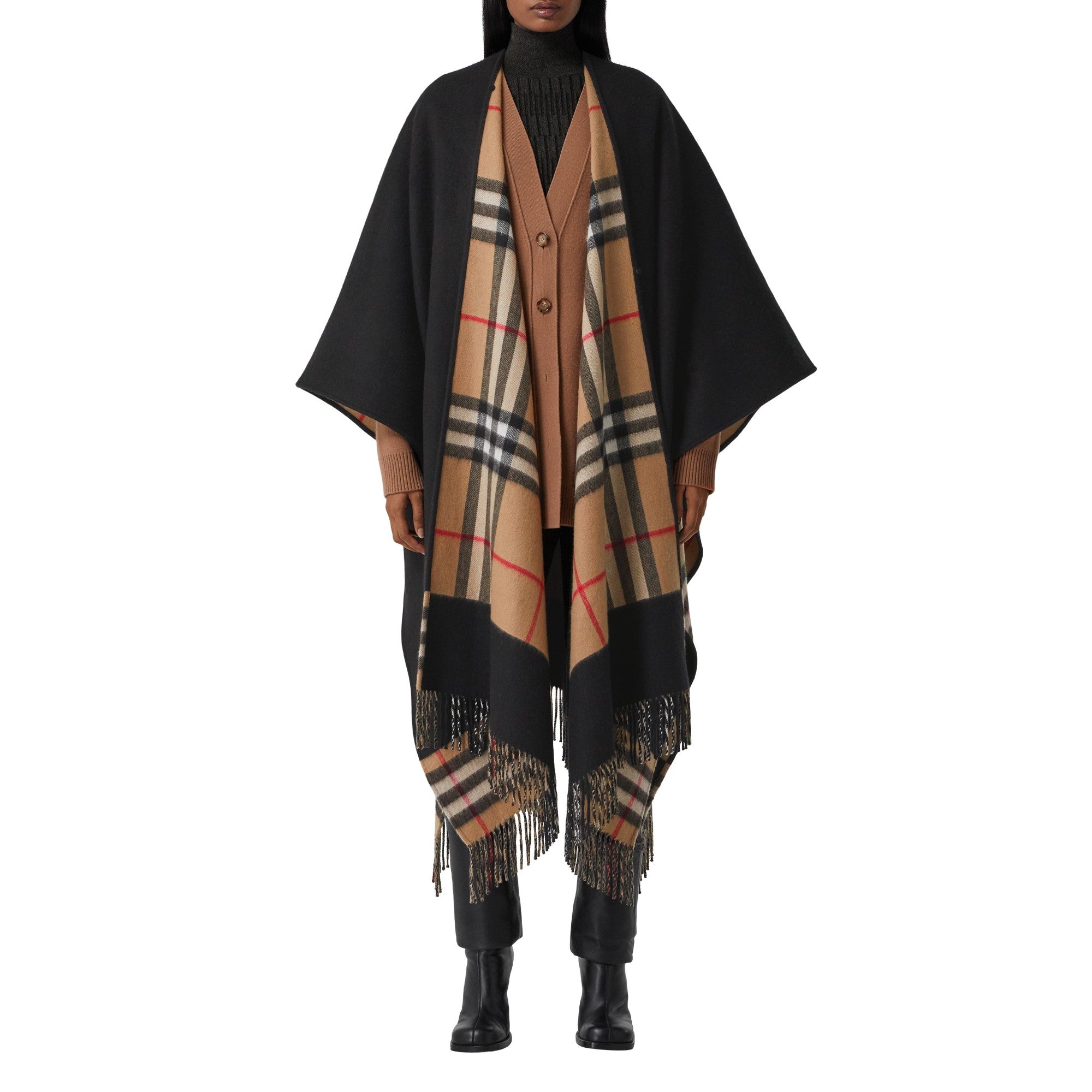 체크 울 캐시미어 리버시블 케이프-BLACK