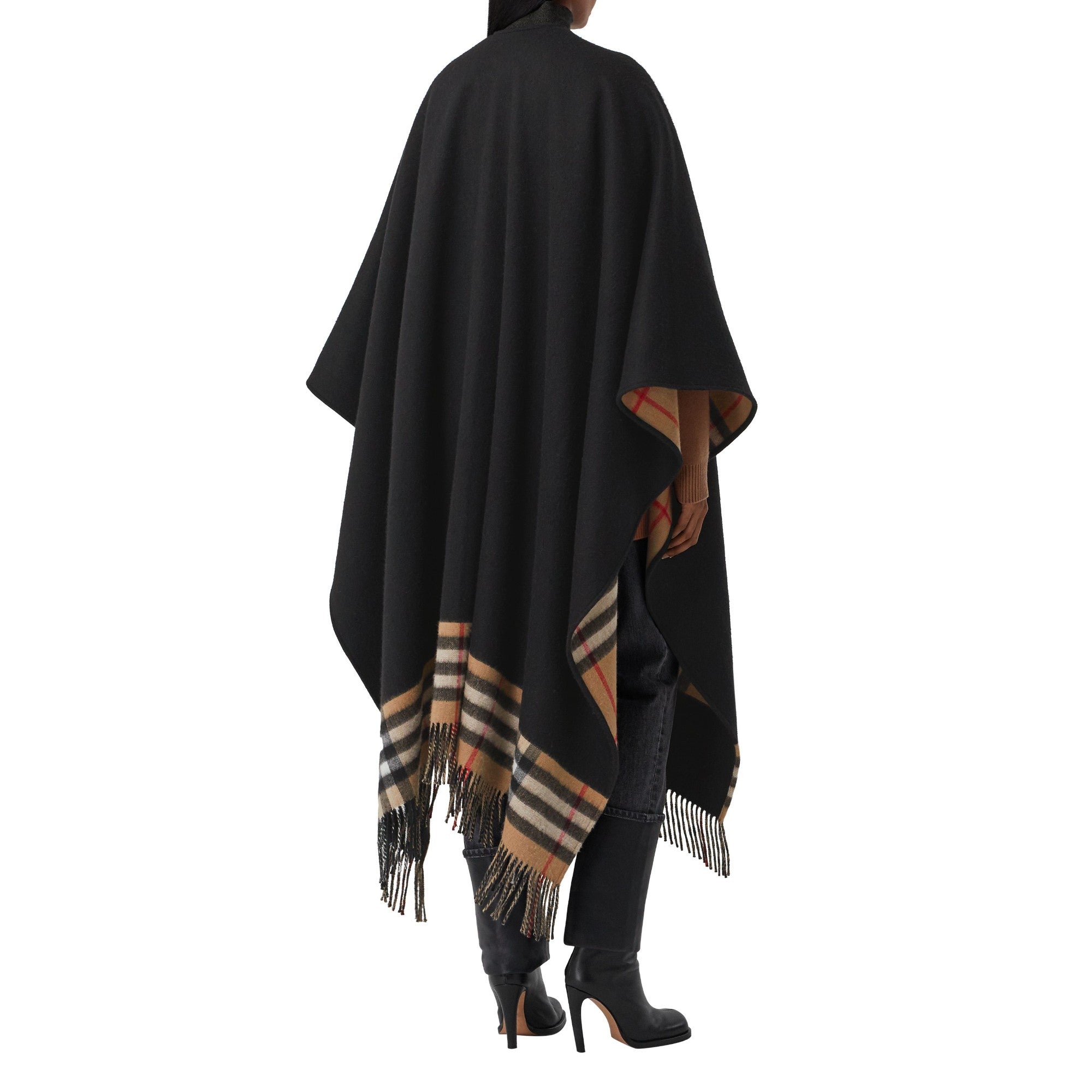 체크 울 캐시미어 리버시블 케이프-BLACK