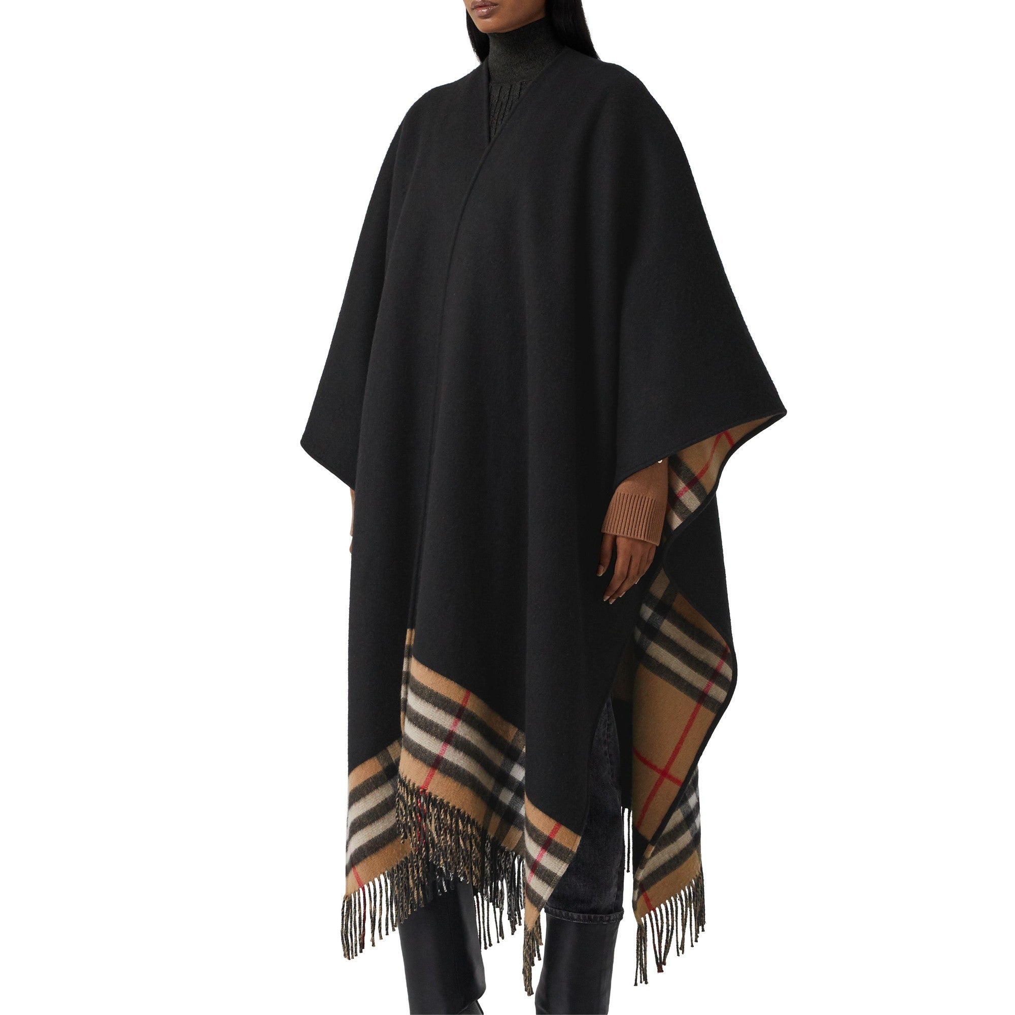 체크 울 캐시미어 리버시블 케이프-BLACK