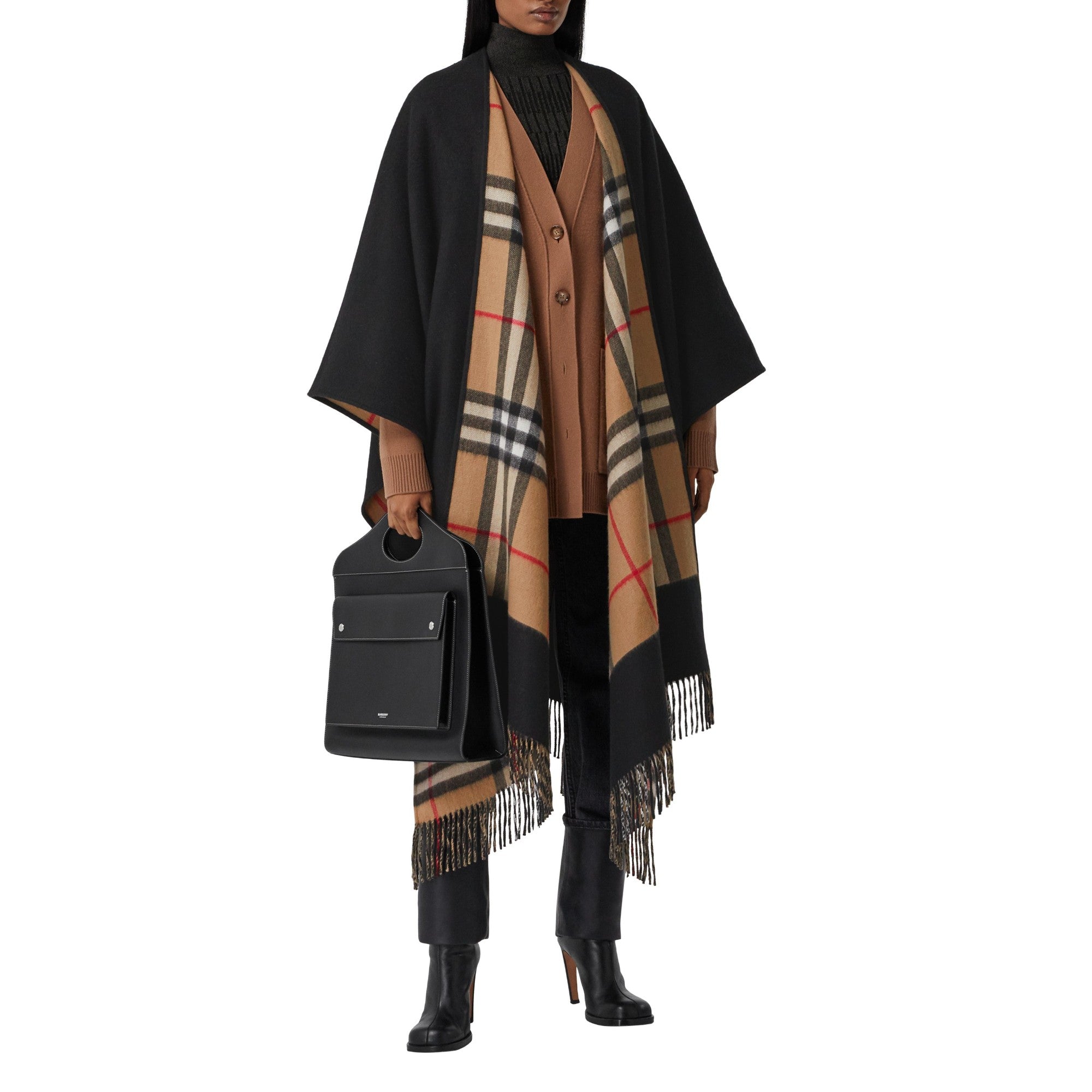 체크 울 캐시미어 리버시블 케이프-BLACK