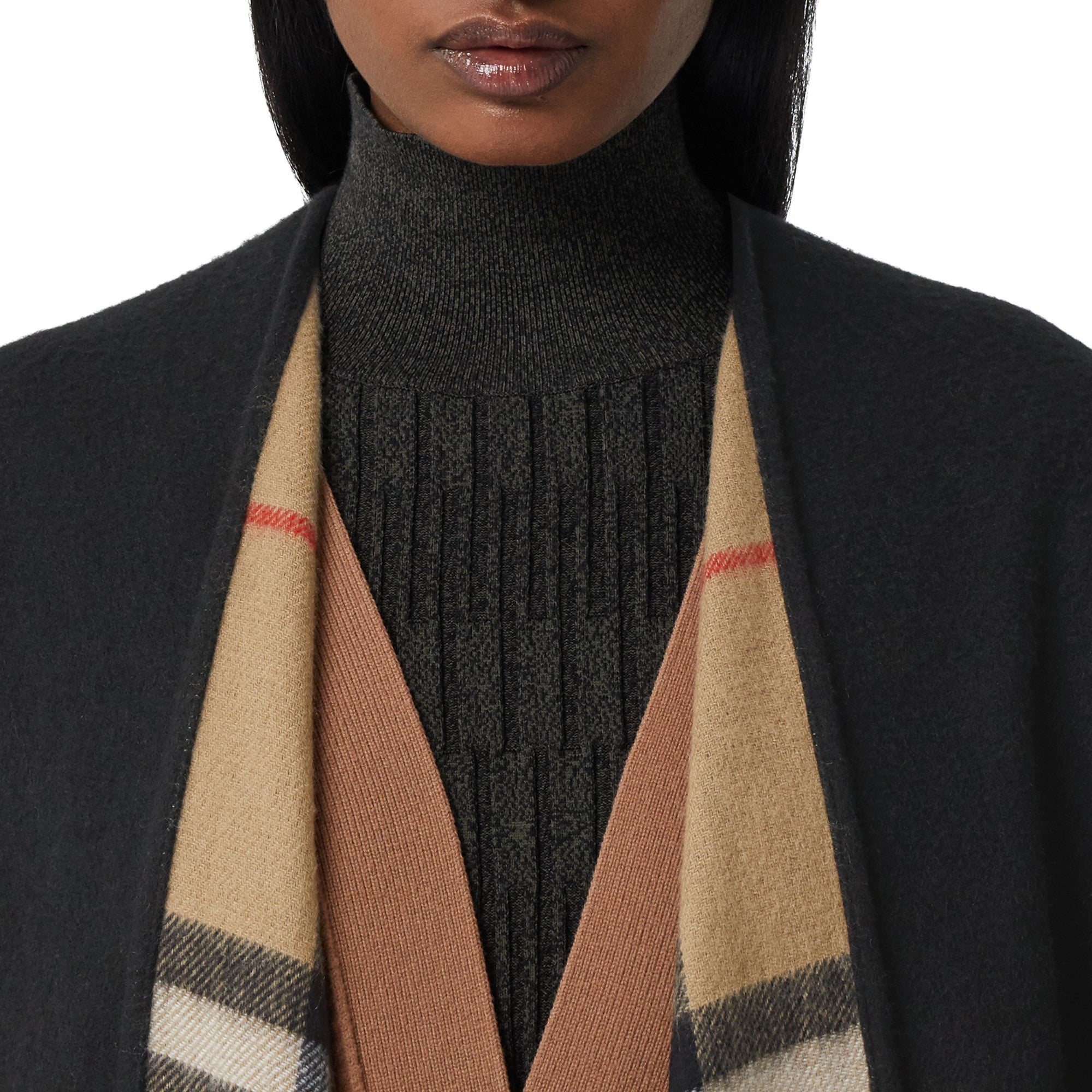 체크 울 캐시미어 리버시블 케이프-BLACK