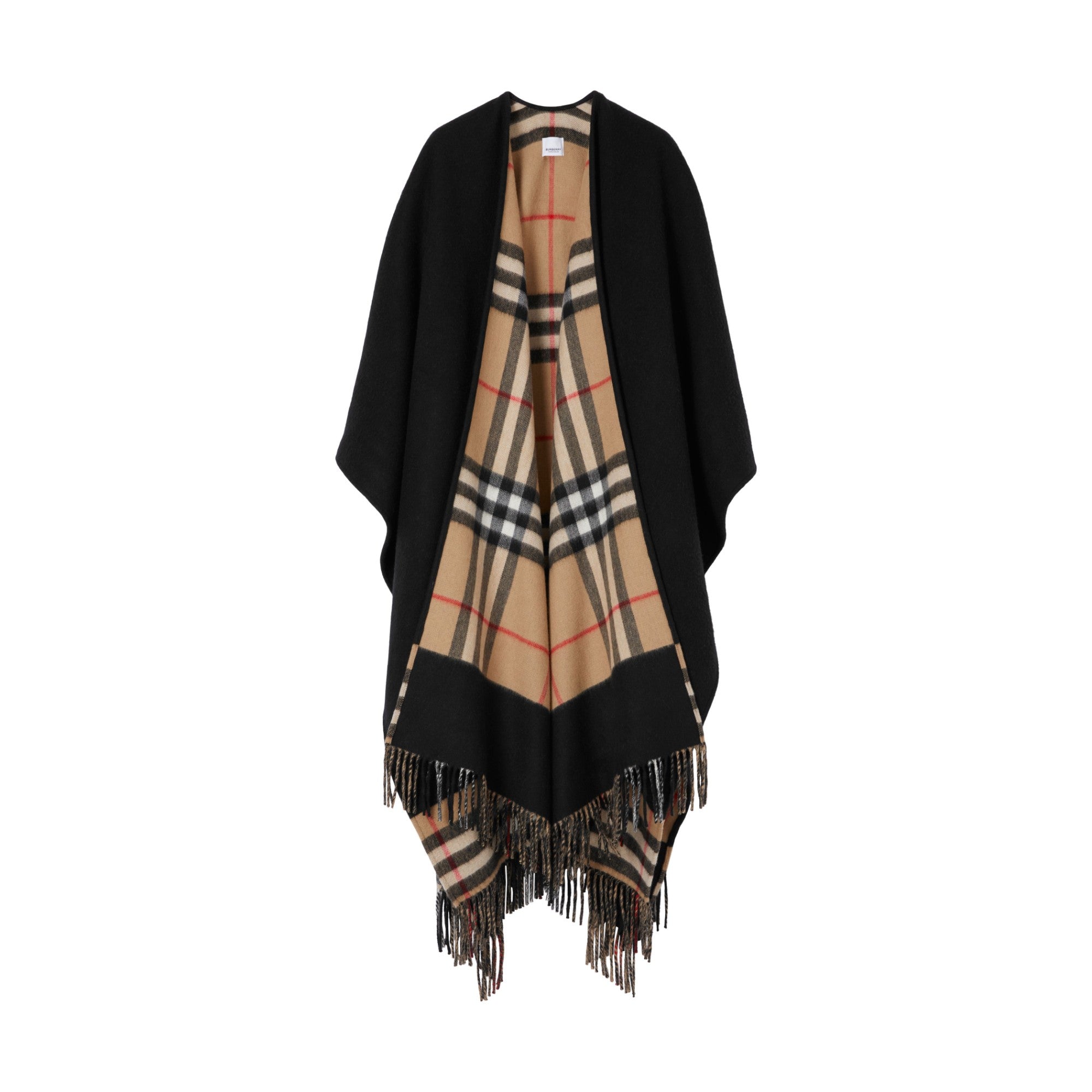 체크 울 캐시미어 리버시블 케이프-BLACK