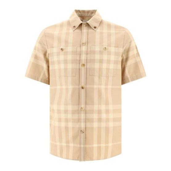 쇼트 슬리브 체크 코튼 개버딘 셔츠