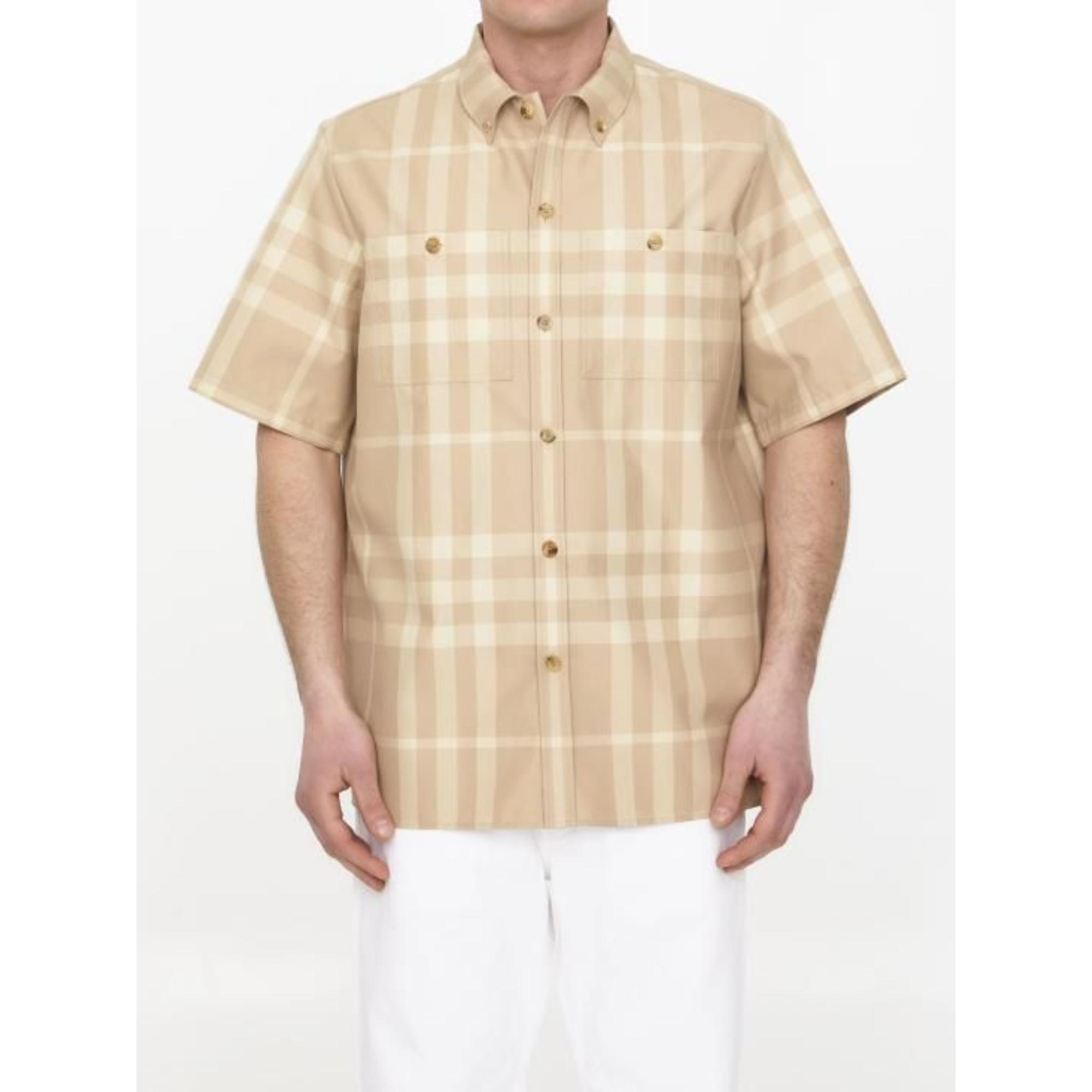 쇼트 슬리브 체크 코튼 개버딘 셔츠