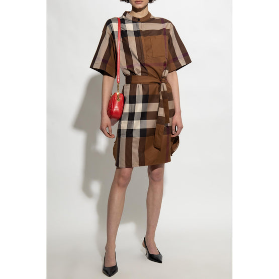 체크 코튼 타이 웨이스트 셔츠 드레스