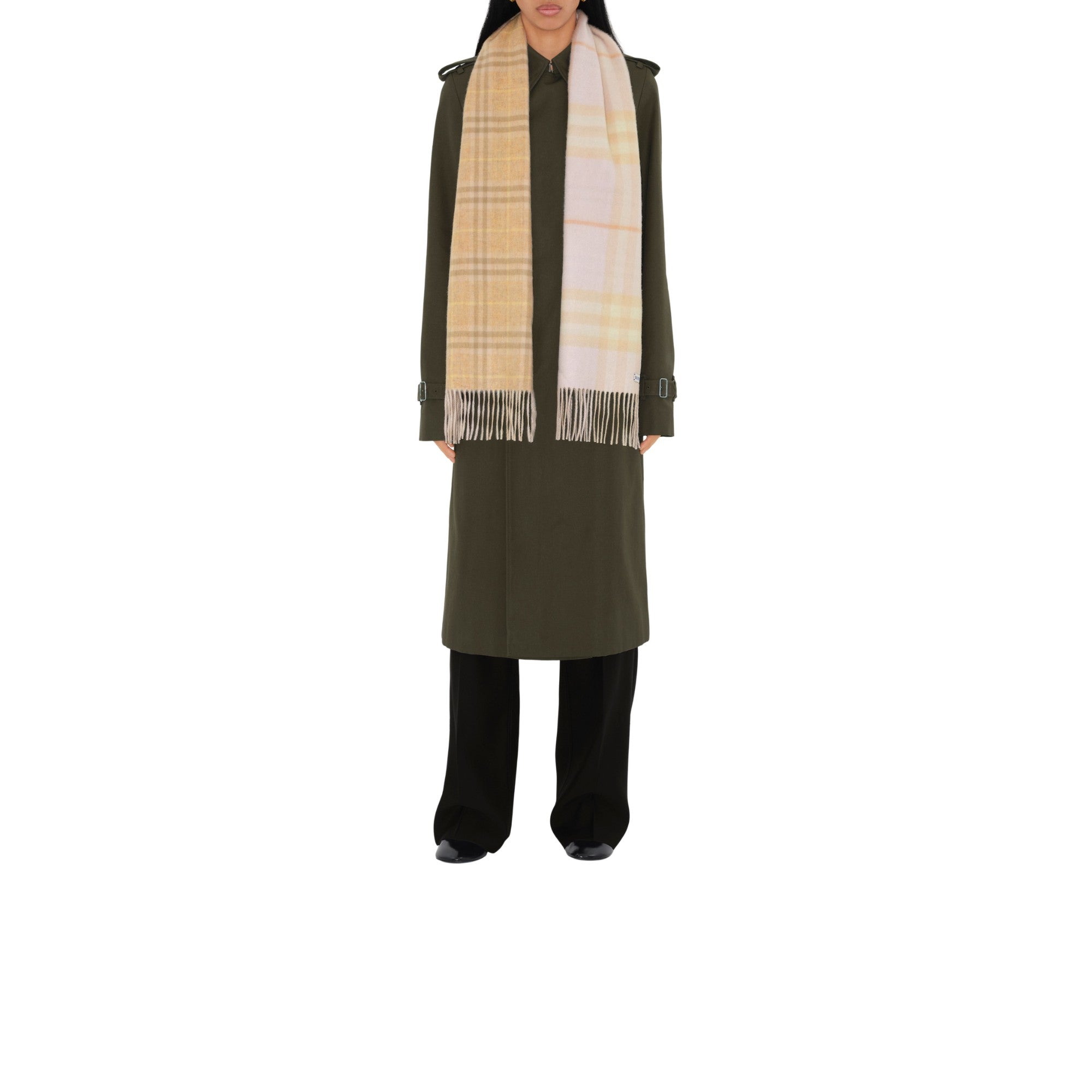 리버시블 컨트라스트 체크 캐시미어 스카프-FLAX MELANGE / CAMEO