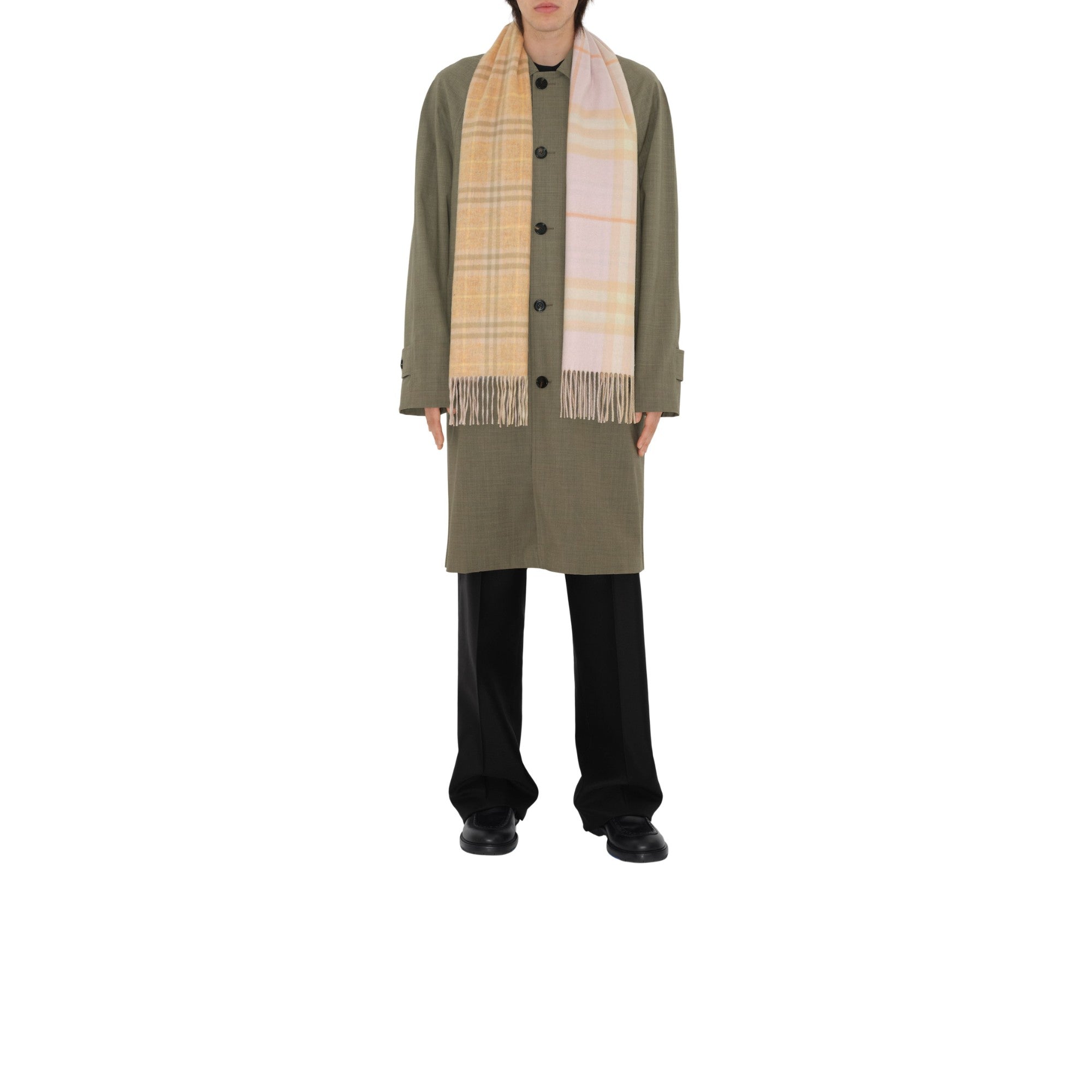 리버시블 컨트라스트 체크 캐시미어 스카프-FLAX MELANGE / CAMEO