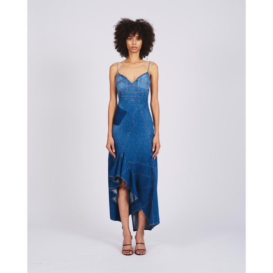 RUFFLE DENIM MIDI DRESS