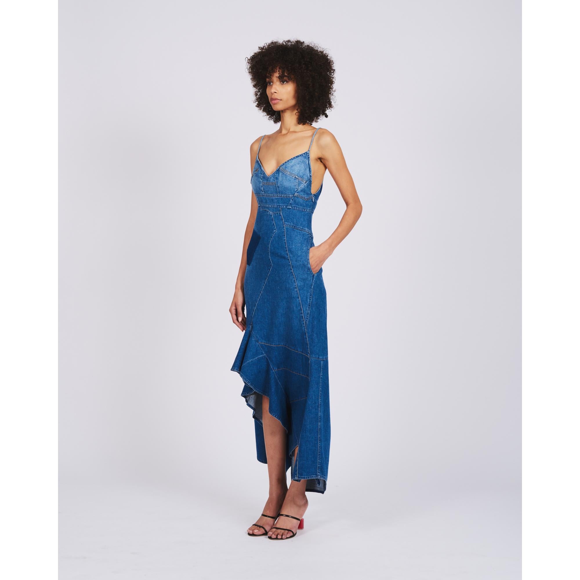RUFFLE DENIM MIDI DRESS