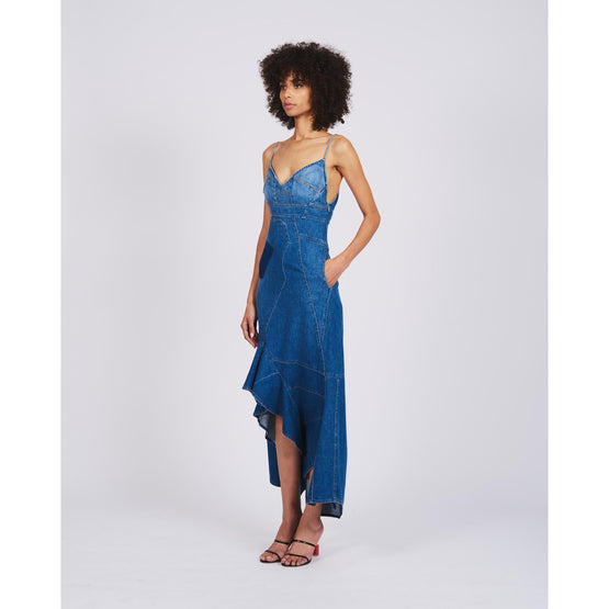 RUFFLE DENIM MIDI DRESS