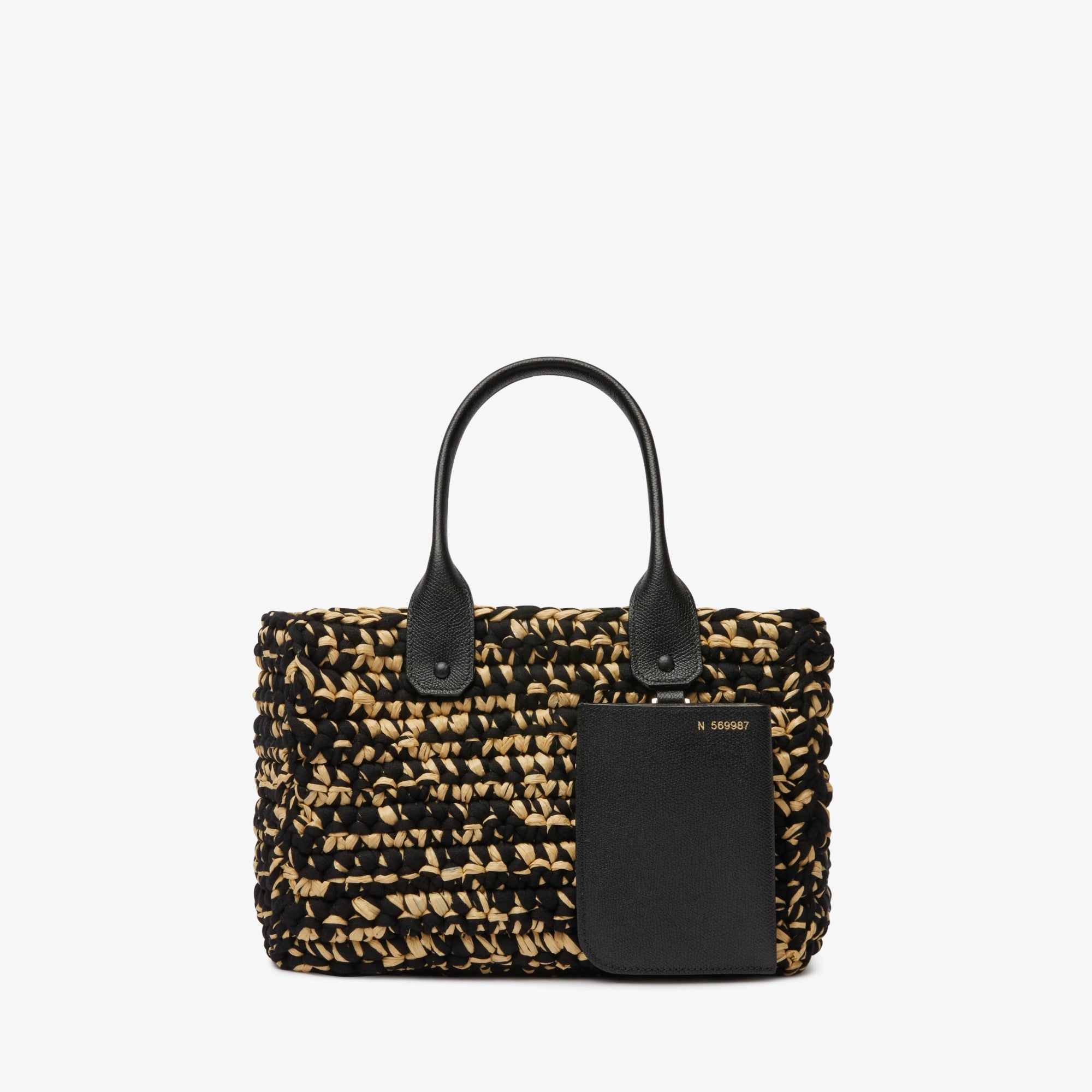 SOFT RAFFIA AND COTTON BUCKET MINI BAG-BLACK/BEIGE