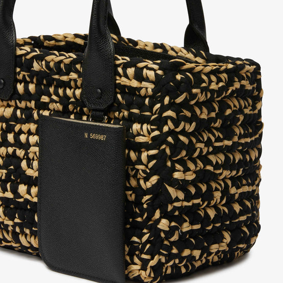 SOFT RAFFIA AND COTTON BUCKET MINI BAG-BLACK/BEIGE