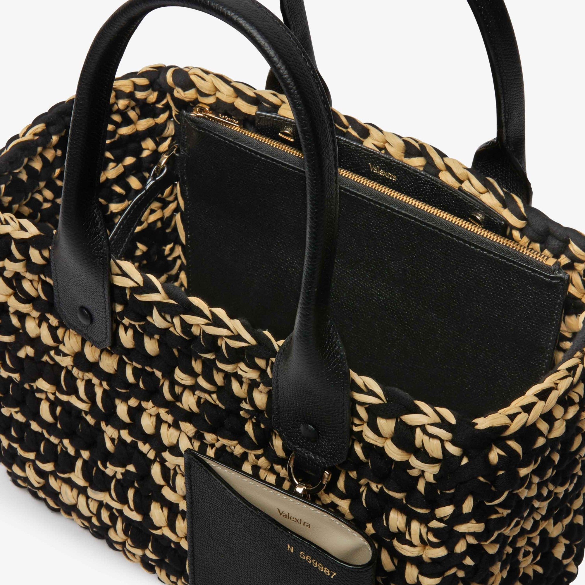 SOFT RAFFIA AND COTTON BUCKET MINI BAG-BLACK/BEIGE