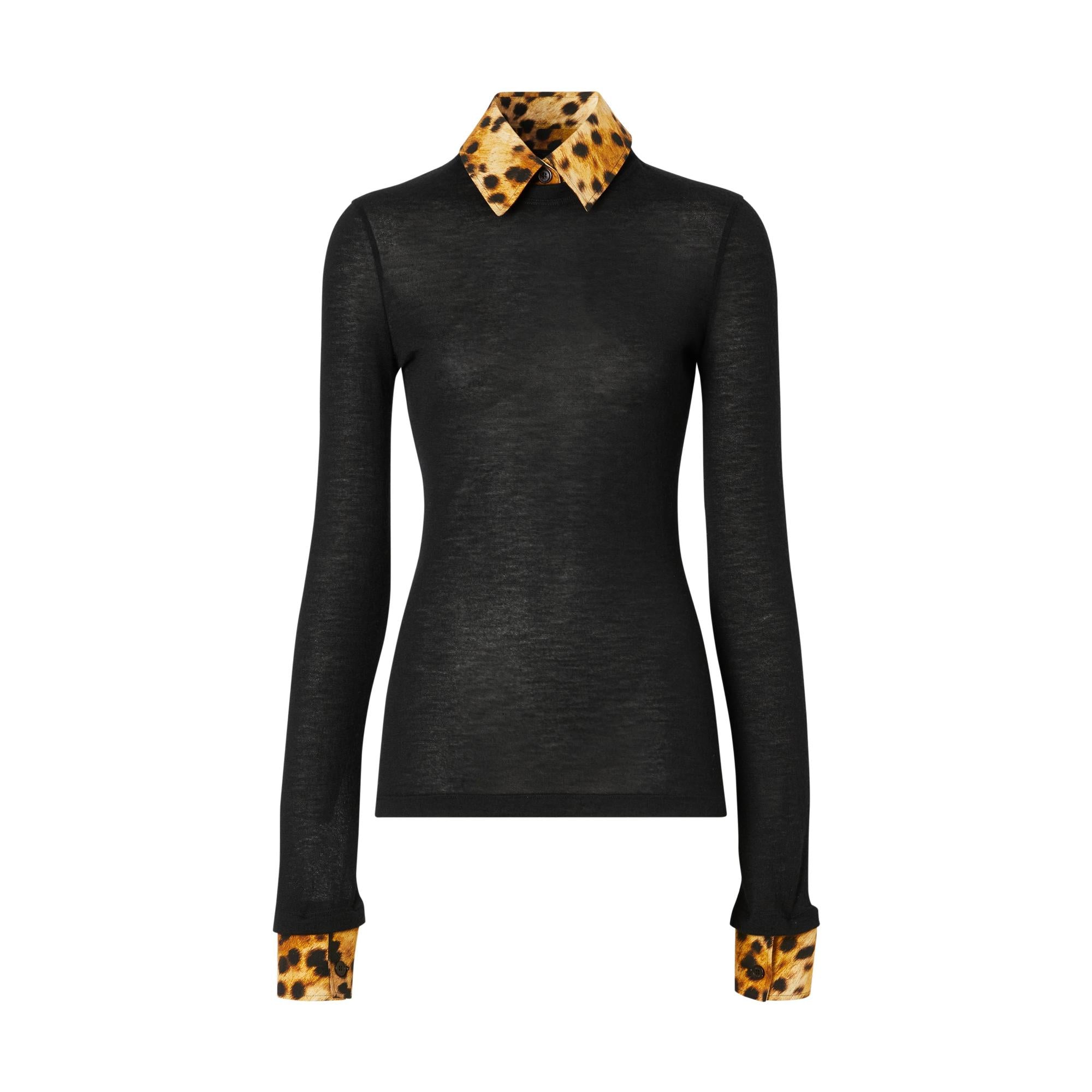 롱 슬리브 스팟 몽키 프린트 트리밍 캐시미어 톱