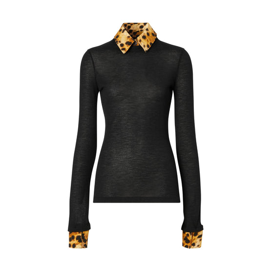 롱 슬리브 스팟 몽키 프린트 트리밍 캐시미어 톱