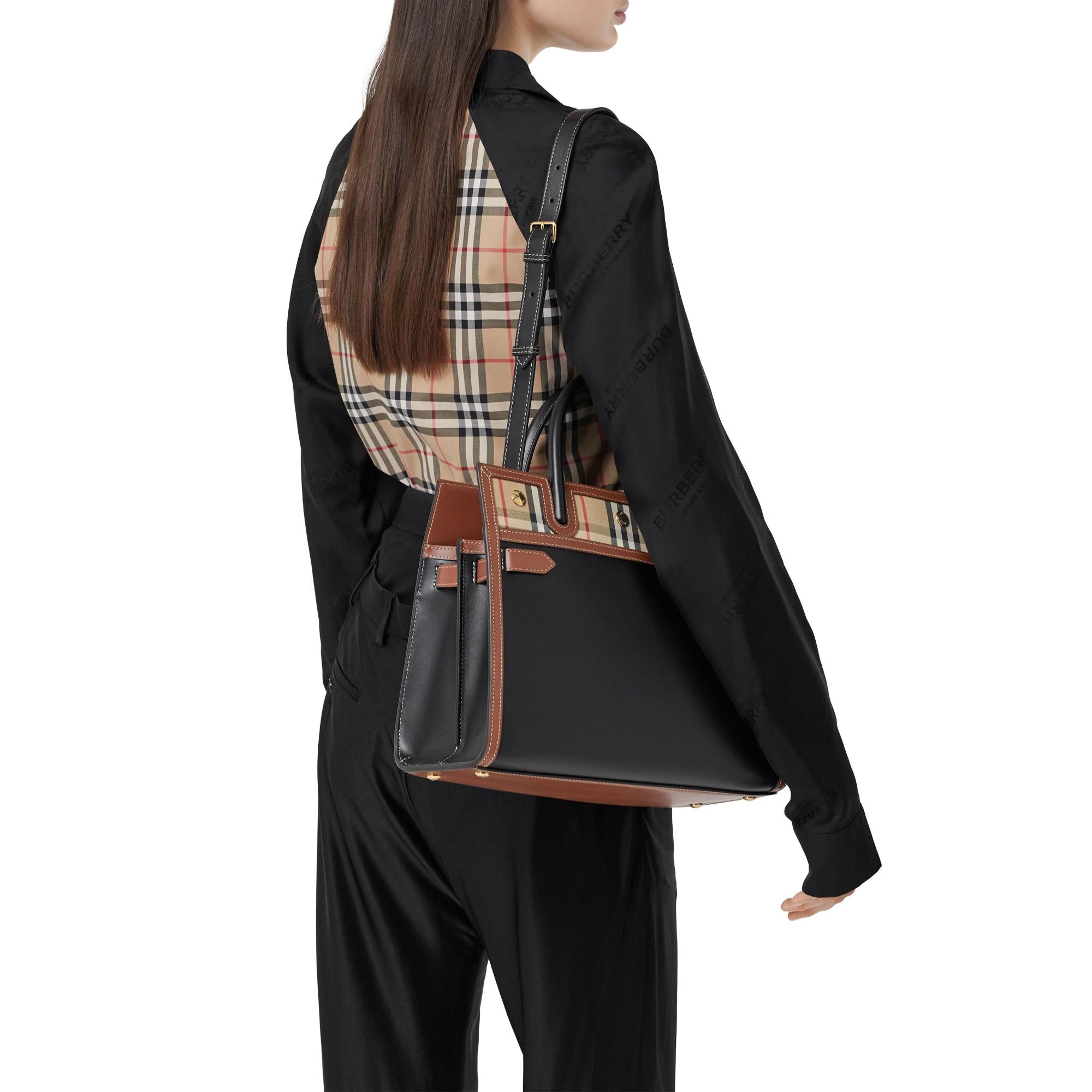 레더 빈티지 체크 스몰 투 핸들 타이틀 백