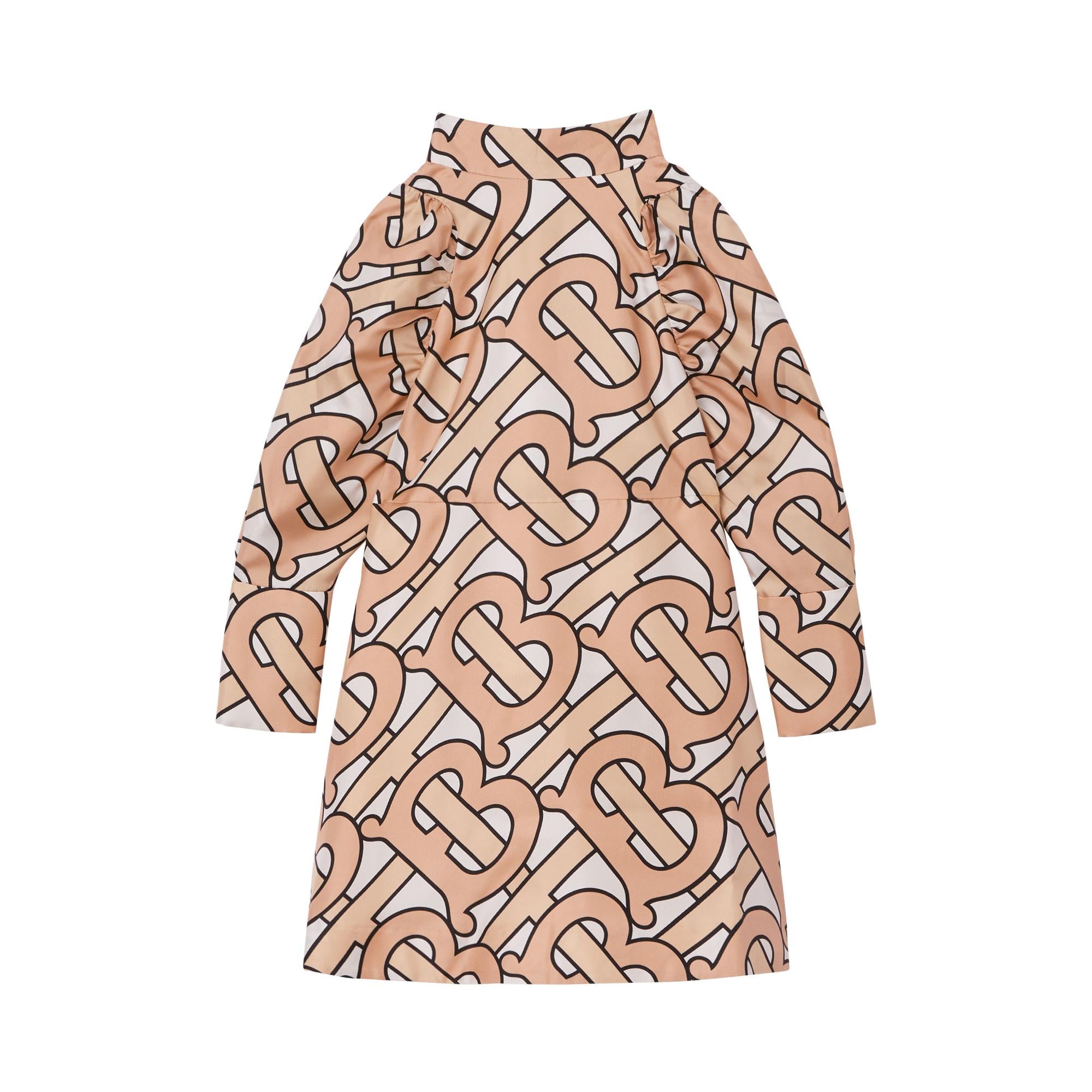 퍼프 슬리브 모노그램 프린트 실크 드레스