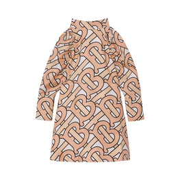 퍼프 슬리브 모노그램 프린트 실크 드레스