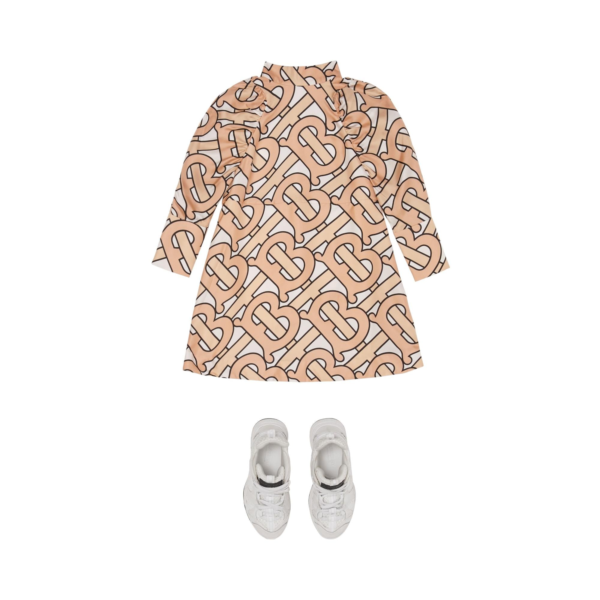 퍼프 슬리브 모노그램 프린트 실크 드레스