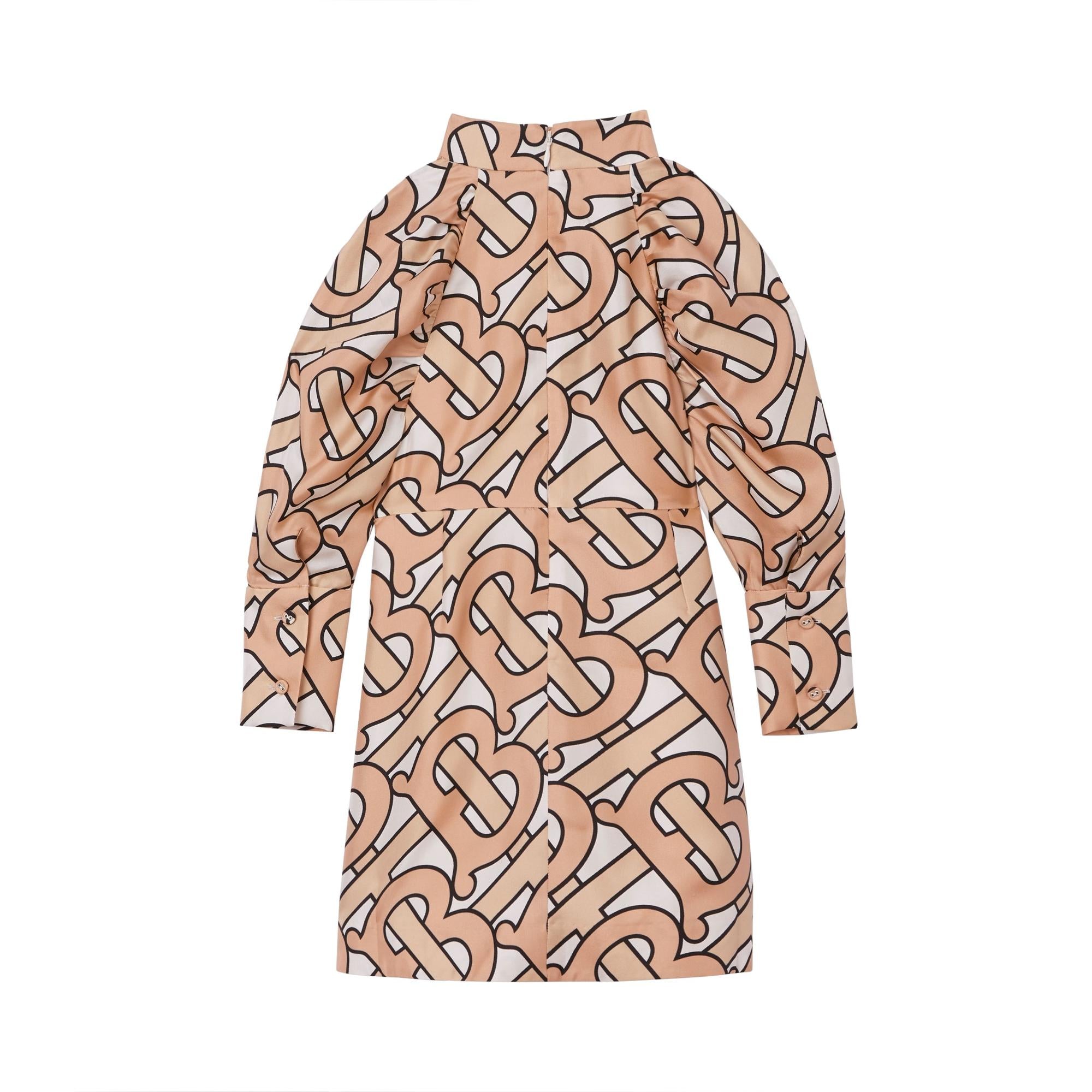 퍼프 슬리브 모노그램 프린트 실크 드레스