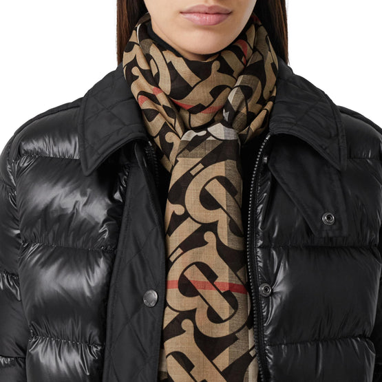 모노그램 프린트 라이트 체크 울 실크 스카프