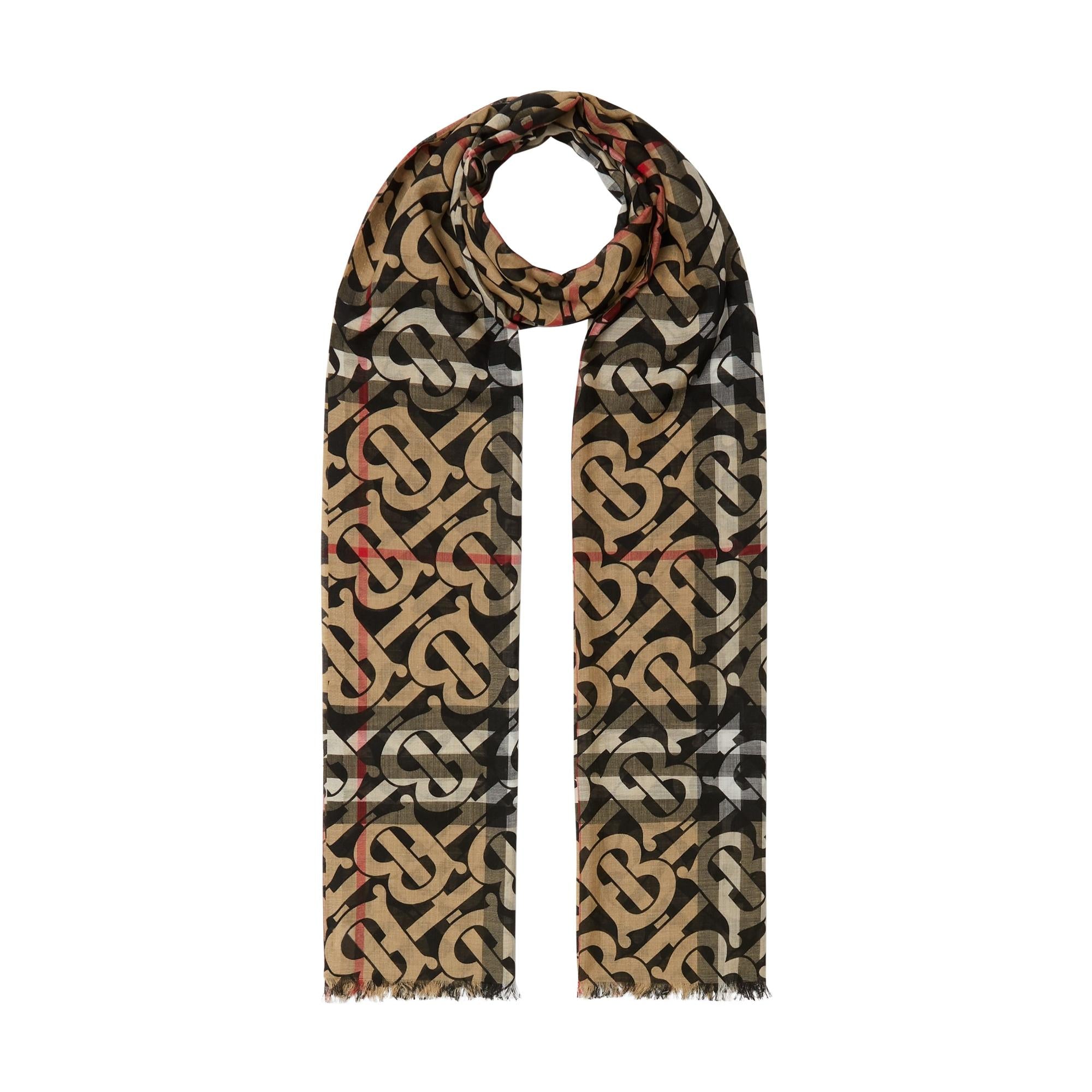 모노그램 프린트 라이트 체크 울 실크 스카프