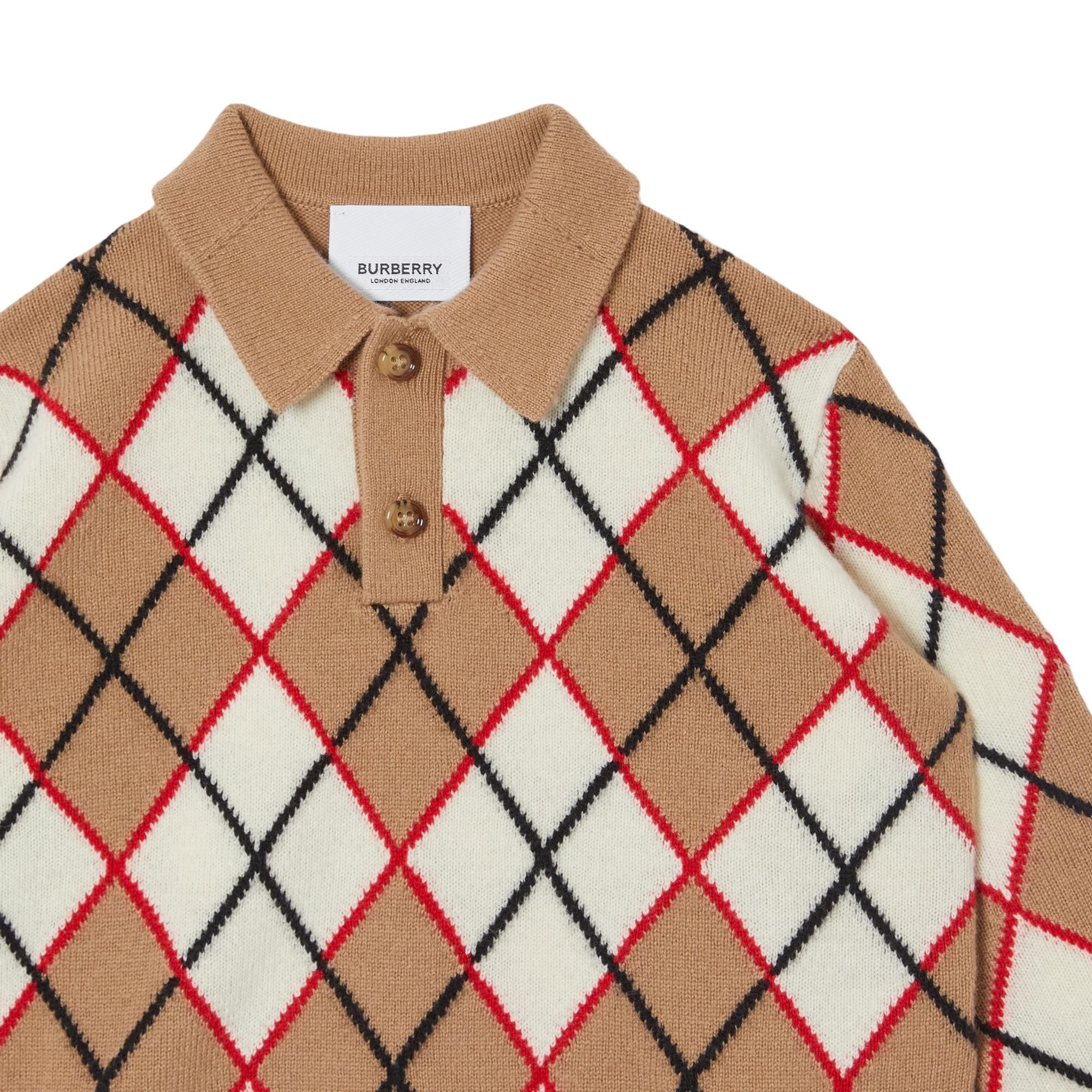 롱 슬리브 아가일 인타르시아 울 캐시미어 폴로셔츠