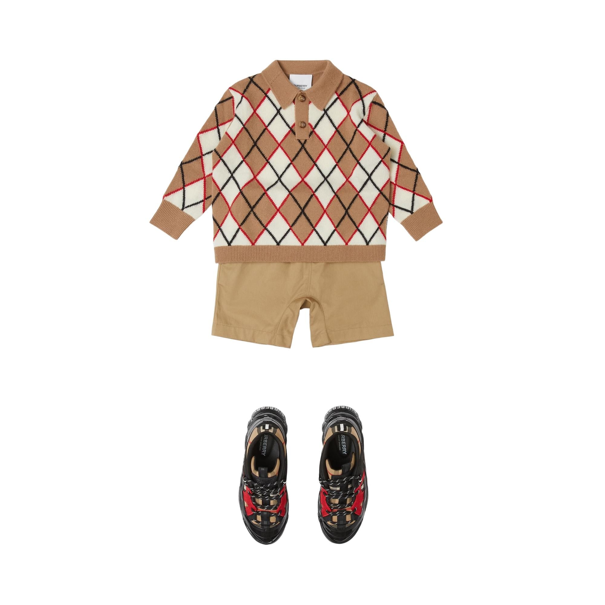 롱 슬리브 아가일 인타르시아 울 캐시미어 폴로셔츠