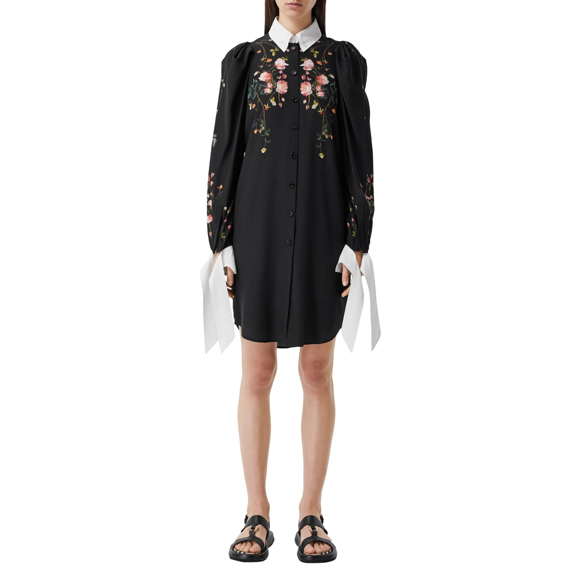 로즈 프린트 실크 크레이프 드 신 셔츠 드레스