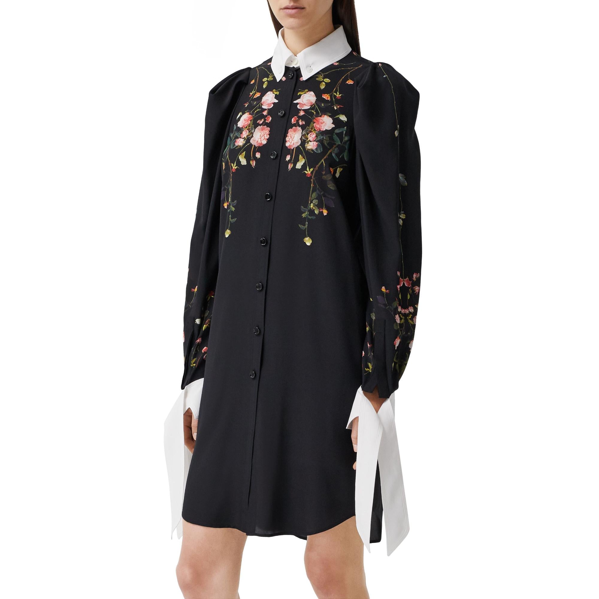 로즈 프린트 실크 크레이프 드 신 셔츠 드레스