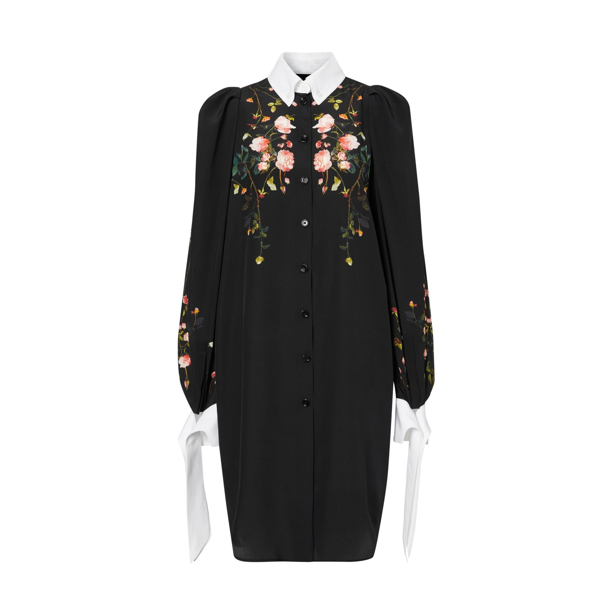 로즈 프린트 실크 크레이프 드 신 셔츠 드레스