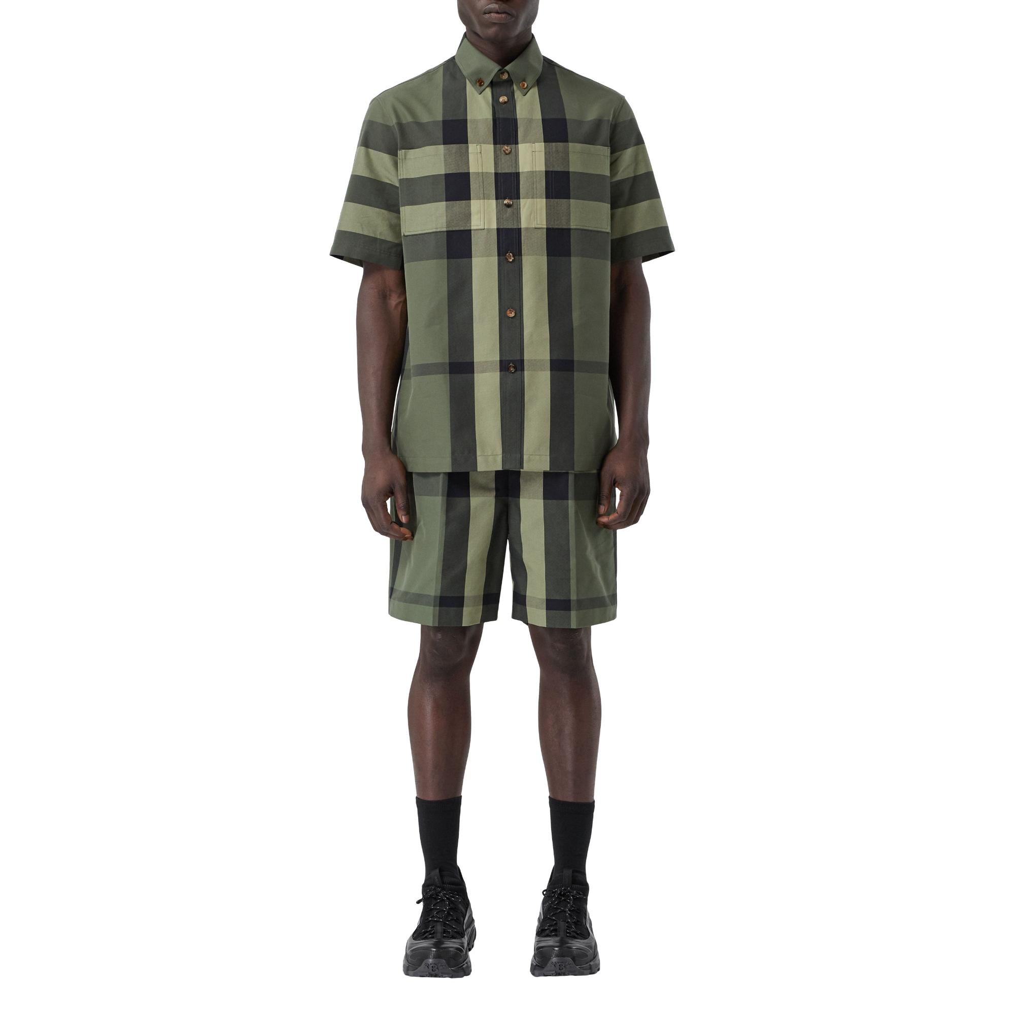 쇼트 슬리브 체크 코튼 셔츠