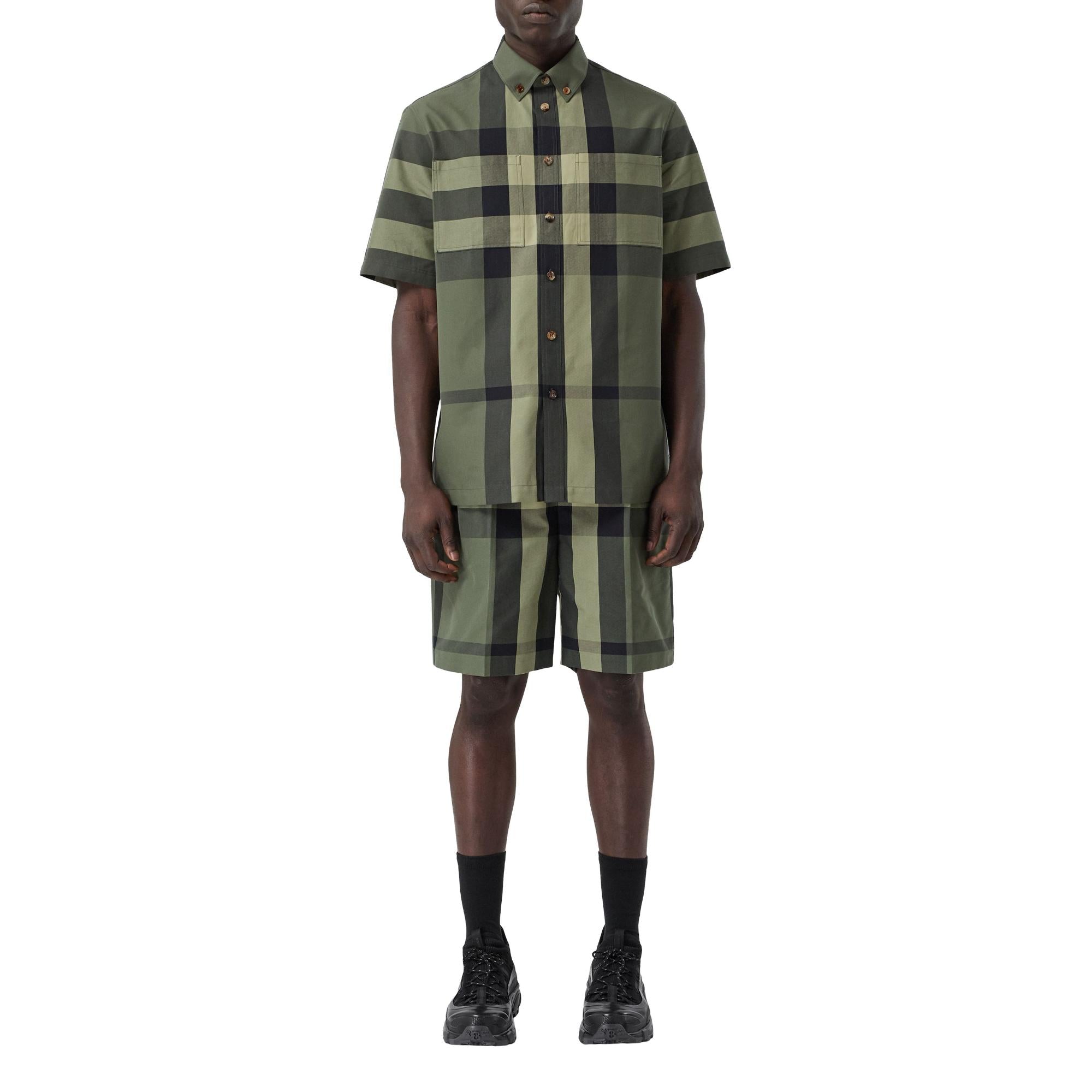 쇼트 슬리브 체크 코튼 셔츠