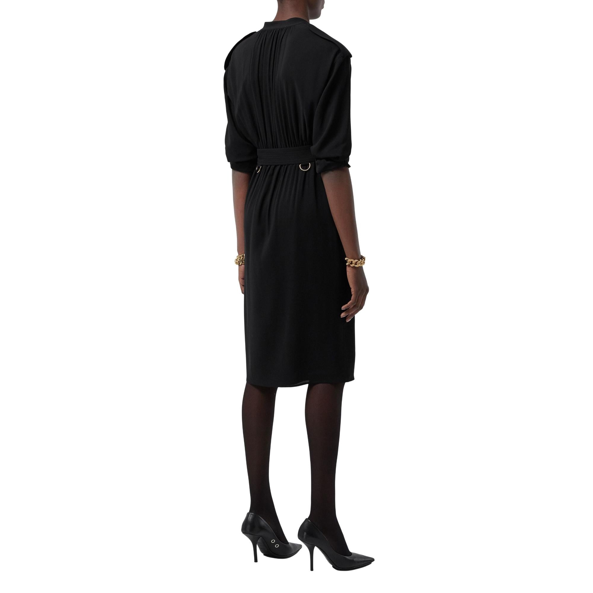 롱 슬리브 에폴렛 디테일 실크 조젯 드레스