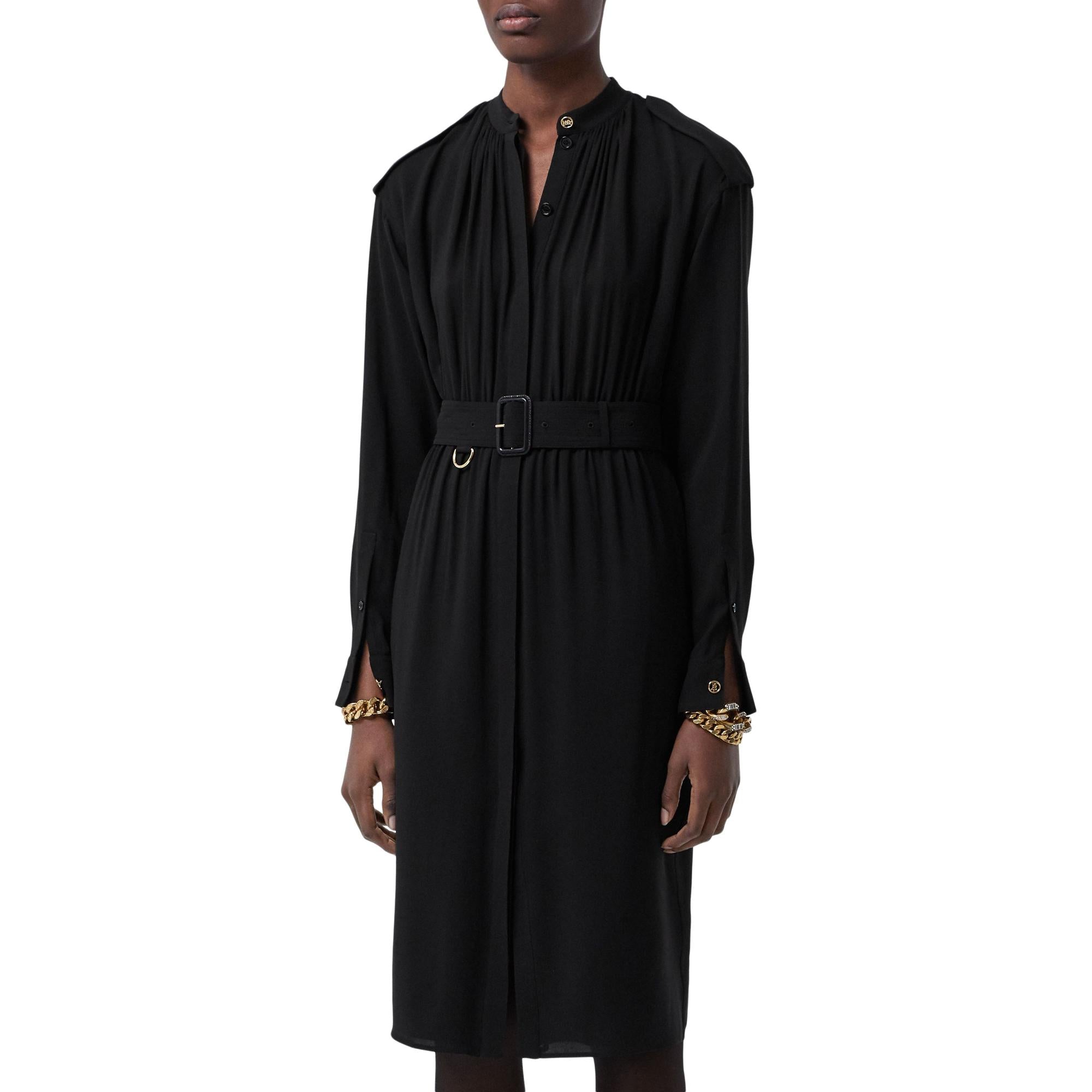 롱 슬리브 에폴렛 디테일 실크 조젯 드레스