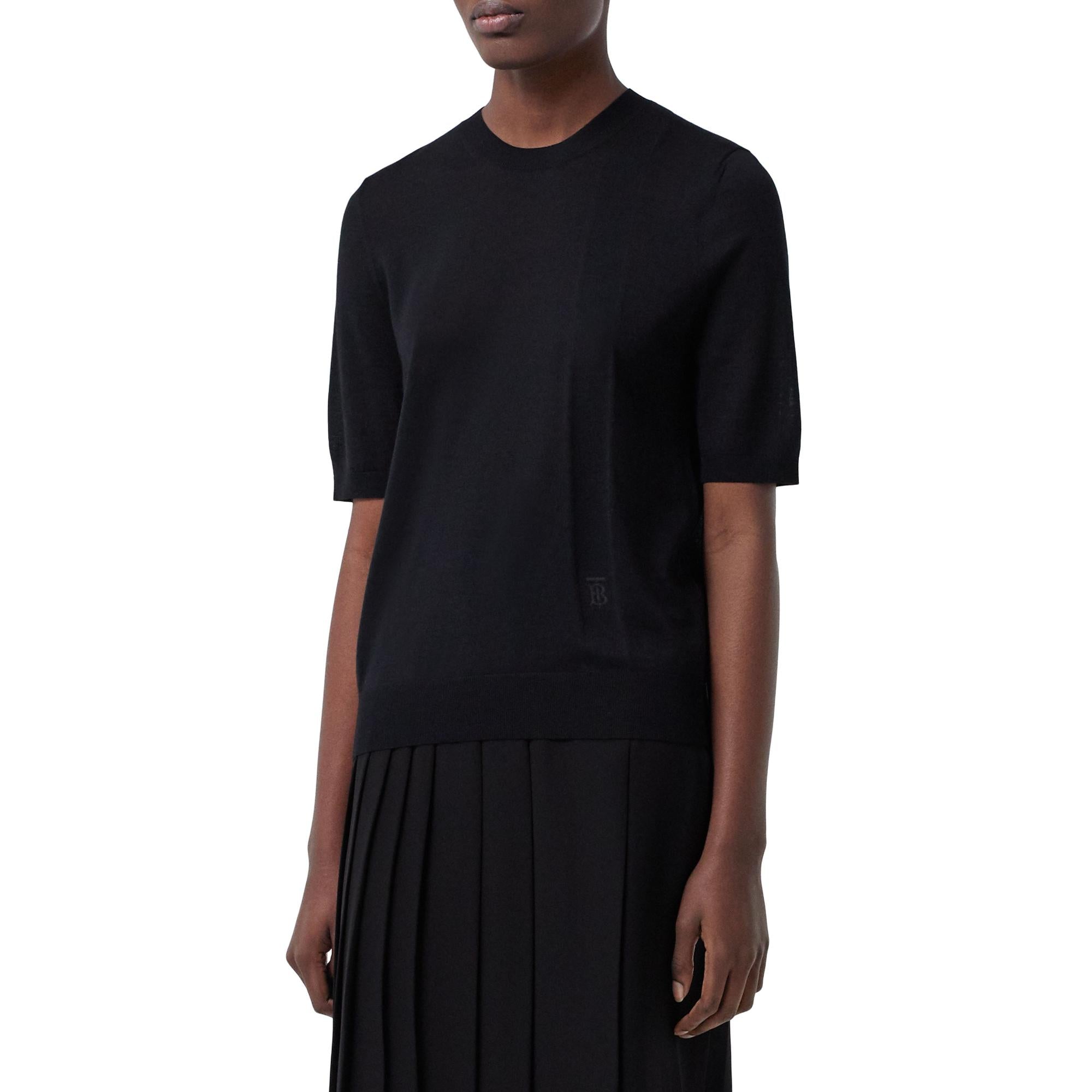 쇼트 슬리브 모노그램 모티프 울 실크 캐시미어 톱