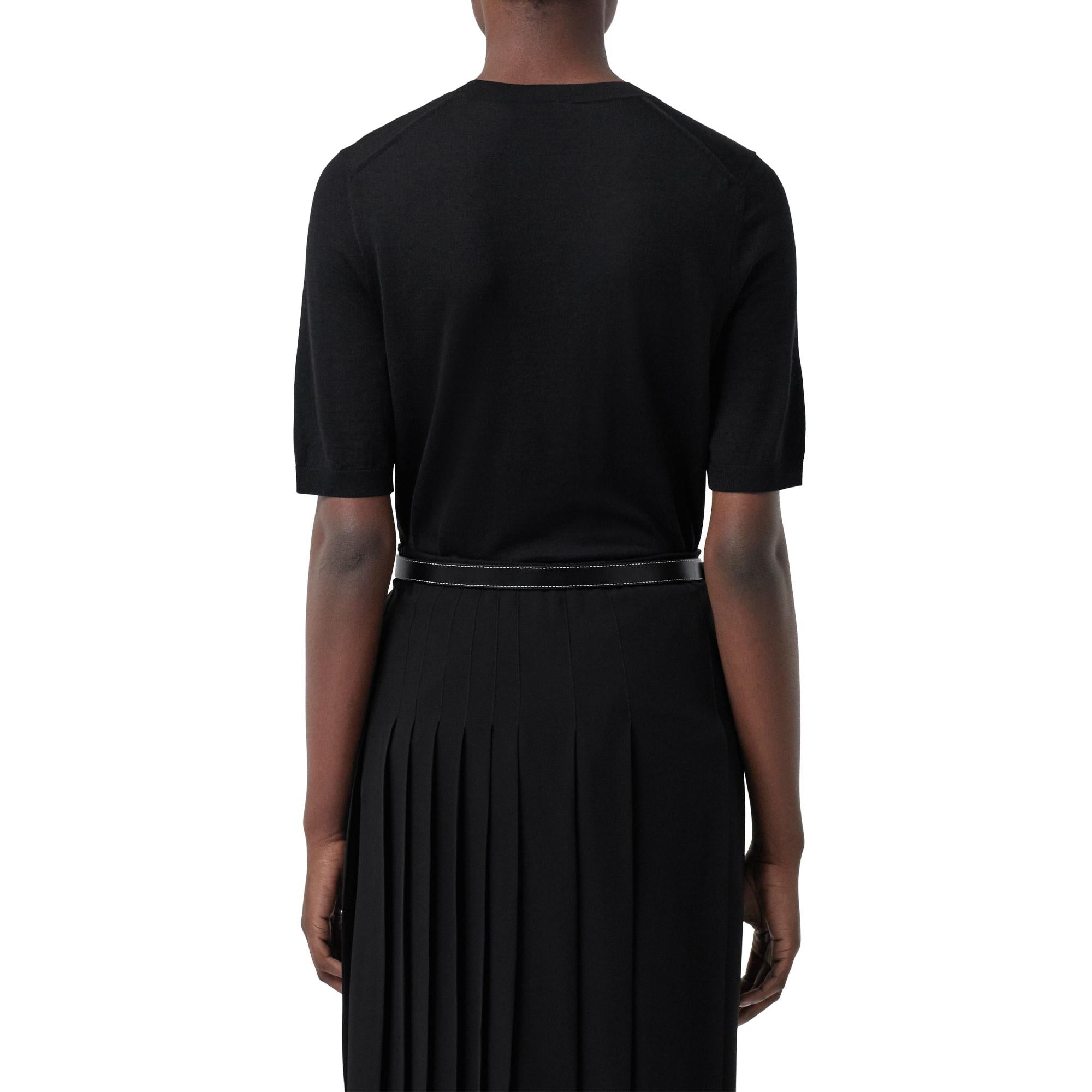 쇼트 슬리브 모노그램 모티프 울 실크 캐시미어 톱