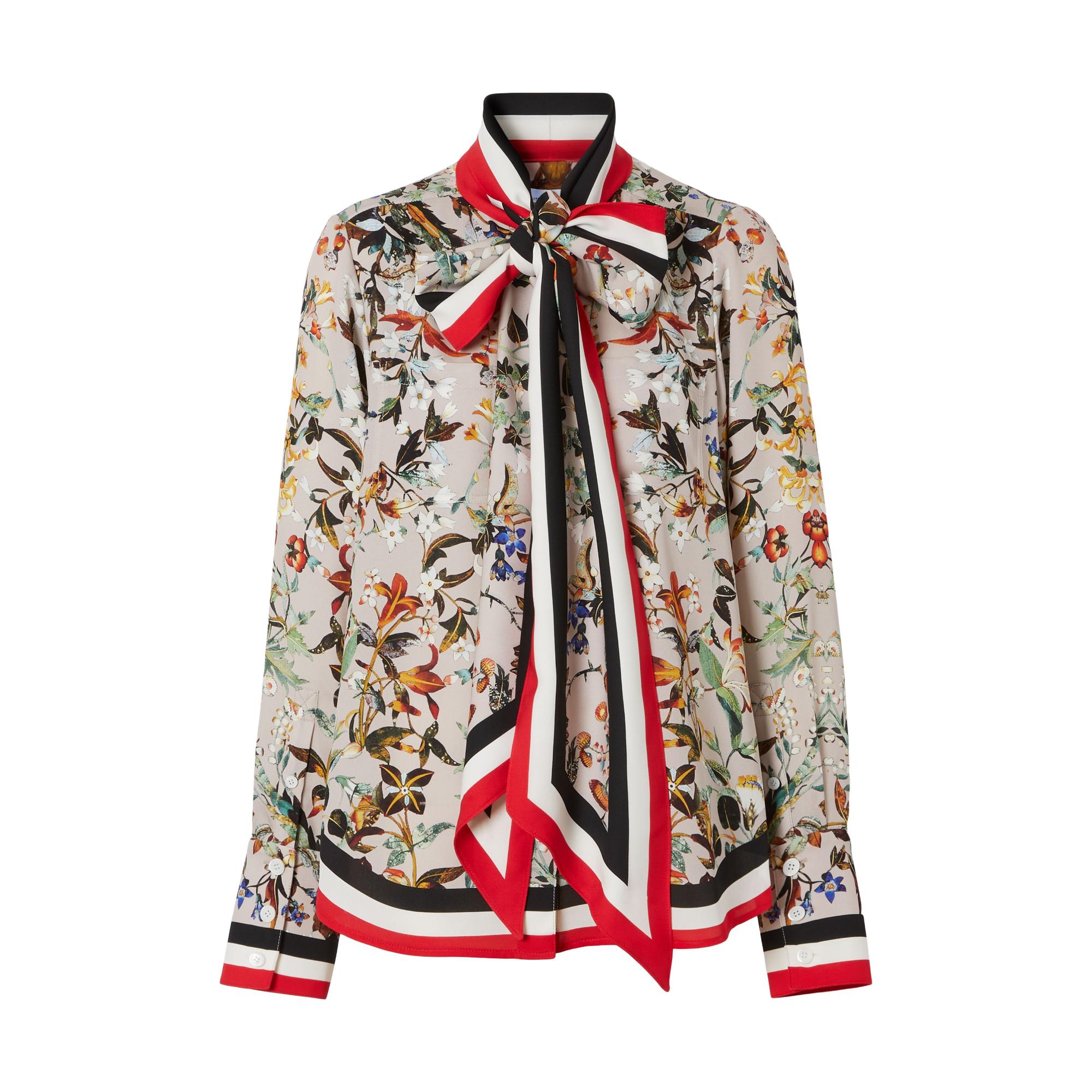 플로럴 프린트 실크 리본 블라우스
