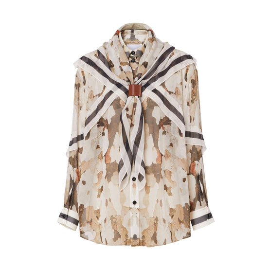 디태처블 스카프 카무플라주 프린트 실크 오버사이즈 셔츠