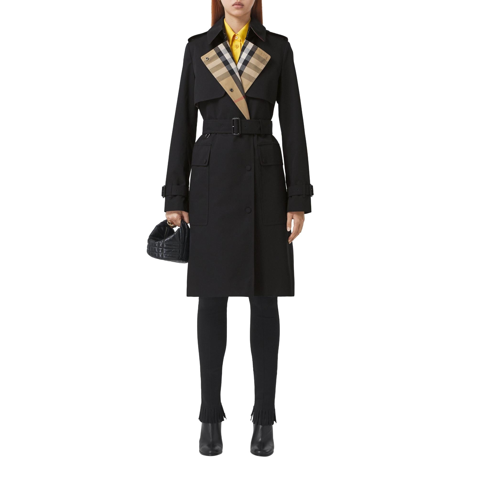 롱 체크 라펠 개버딘 트렌치코트