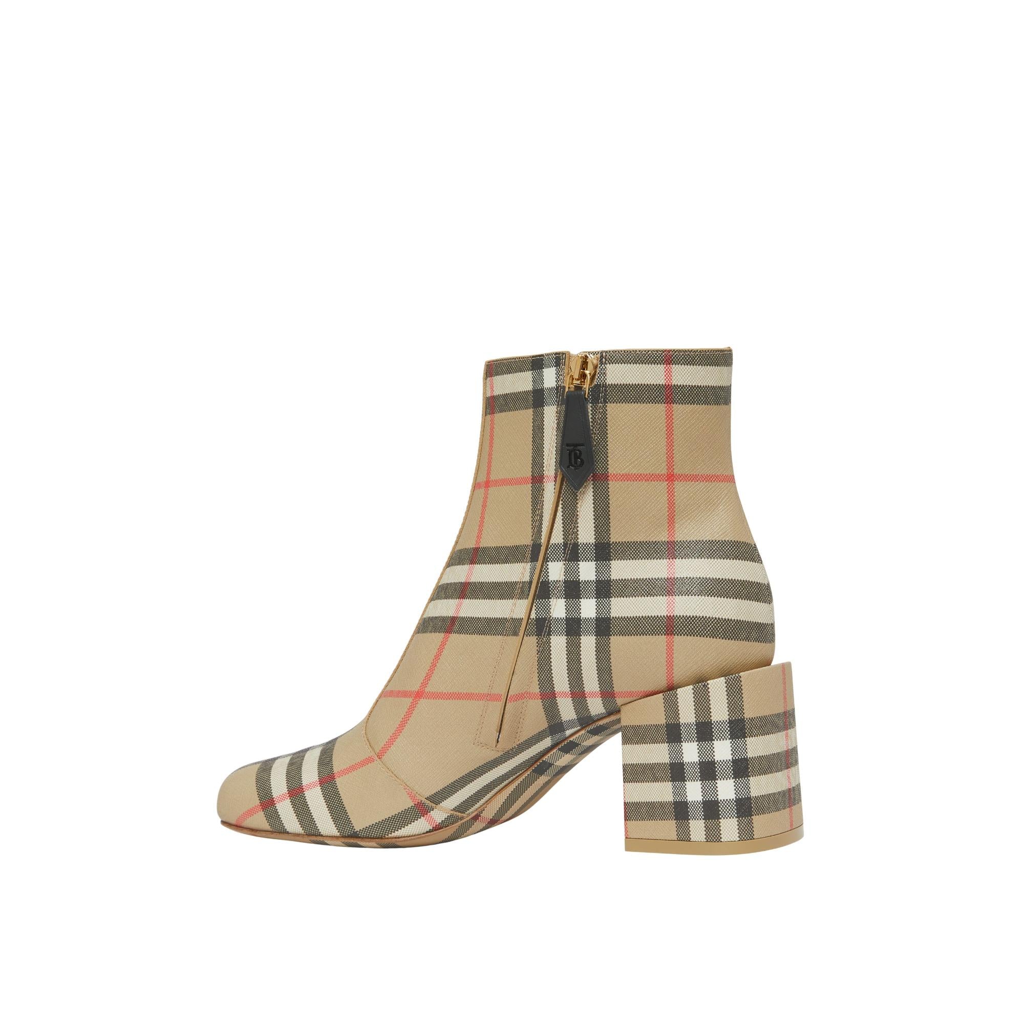 빈티지 체크 블록 힐 앵클 부츠
