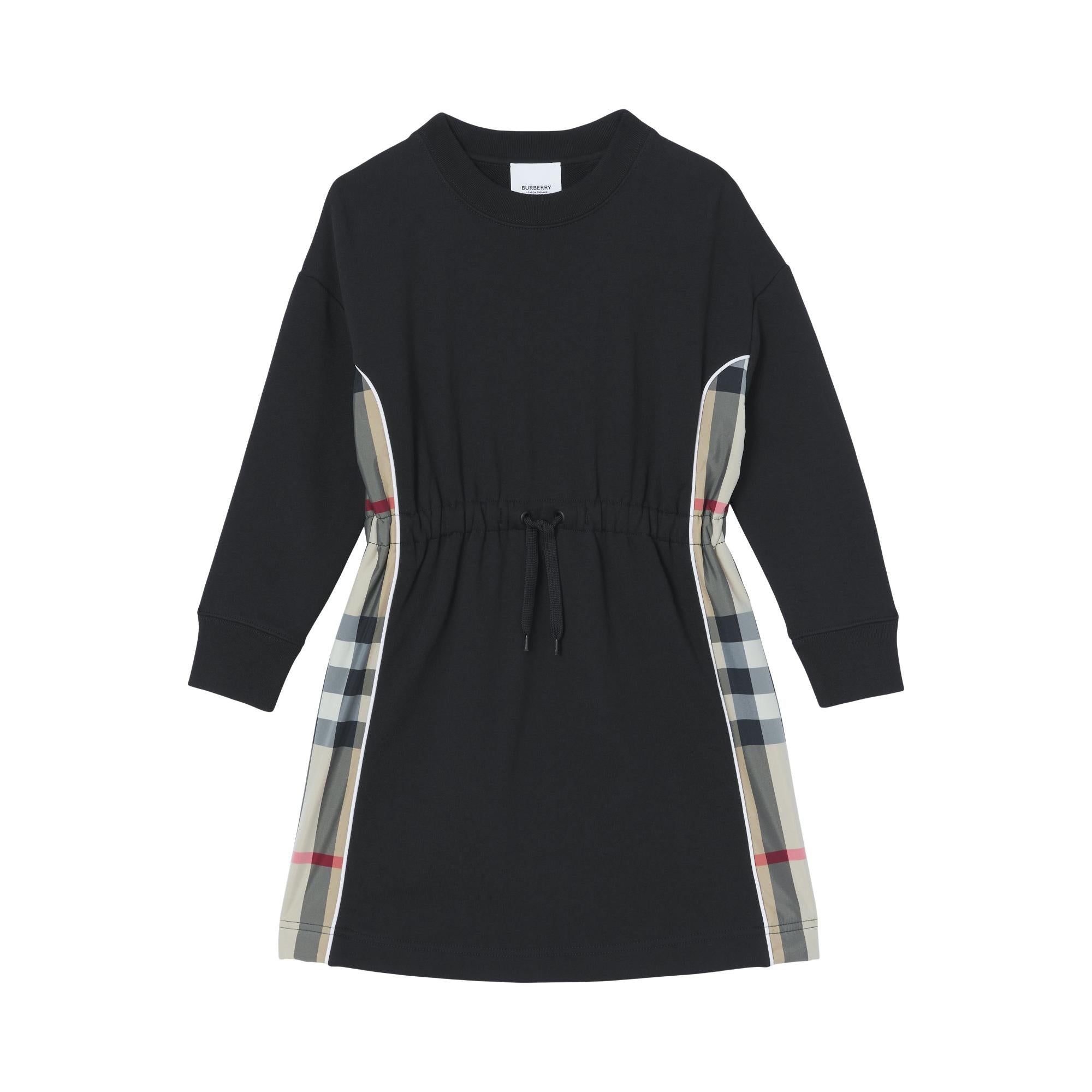 롱 슬리브 체크 패널 코튼 드레스