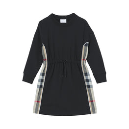 롱 슬리브 체크 패널 코튼 드레스