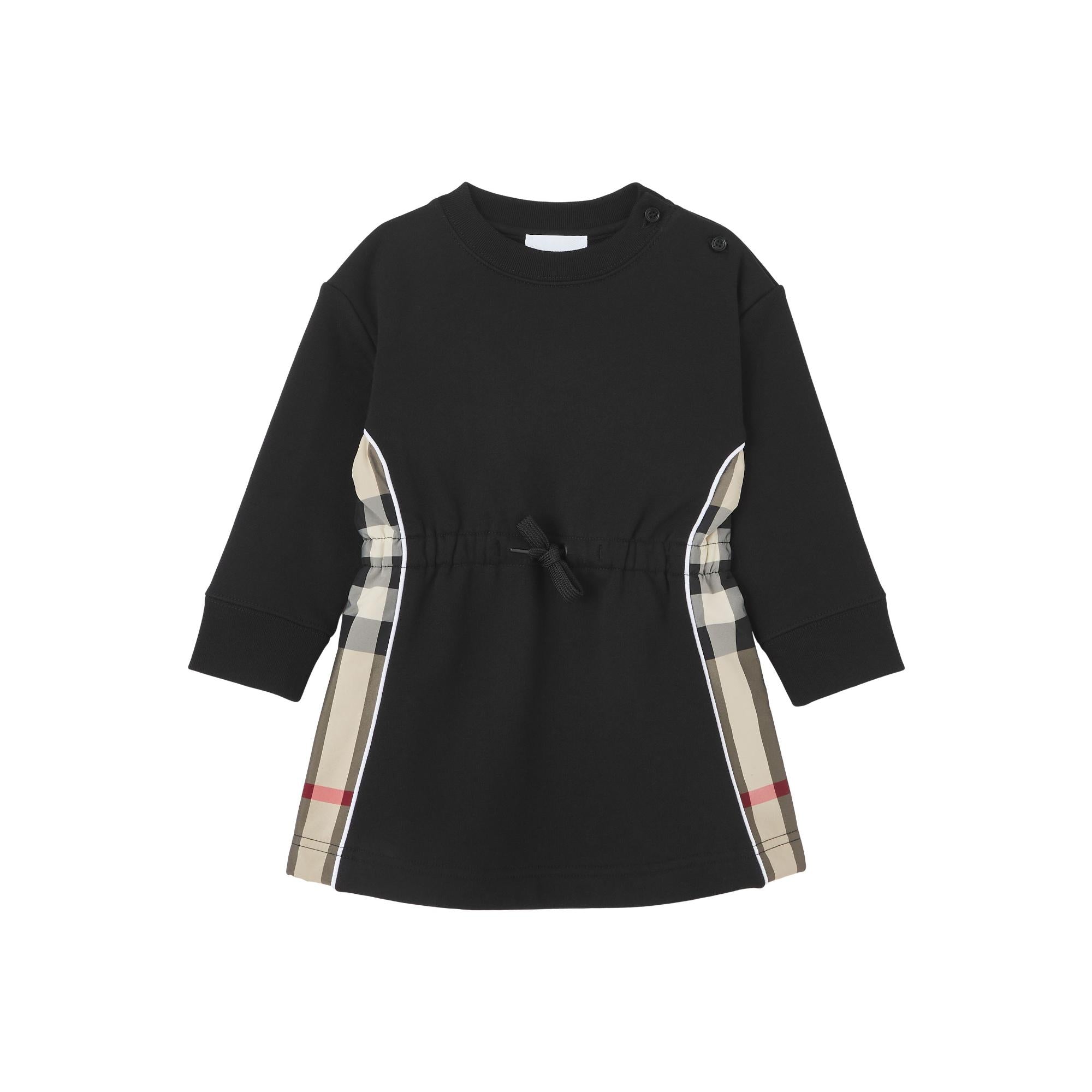 롱 슬리브 체크 패널 코튼 드레스