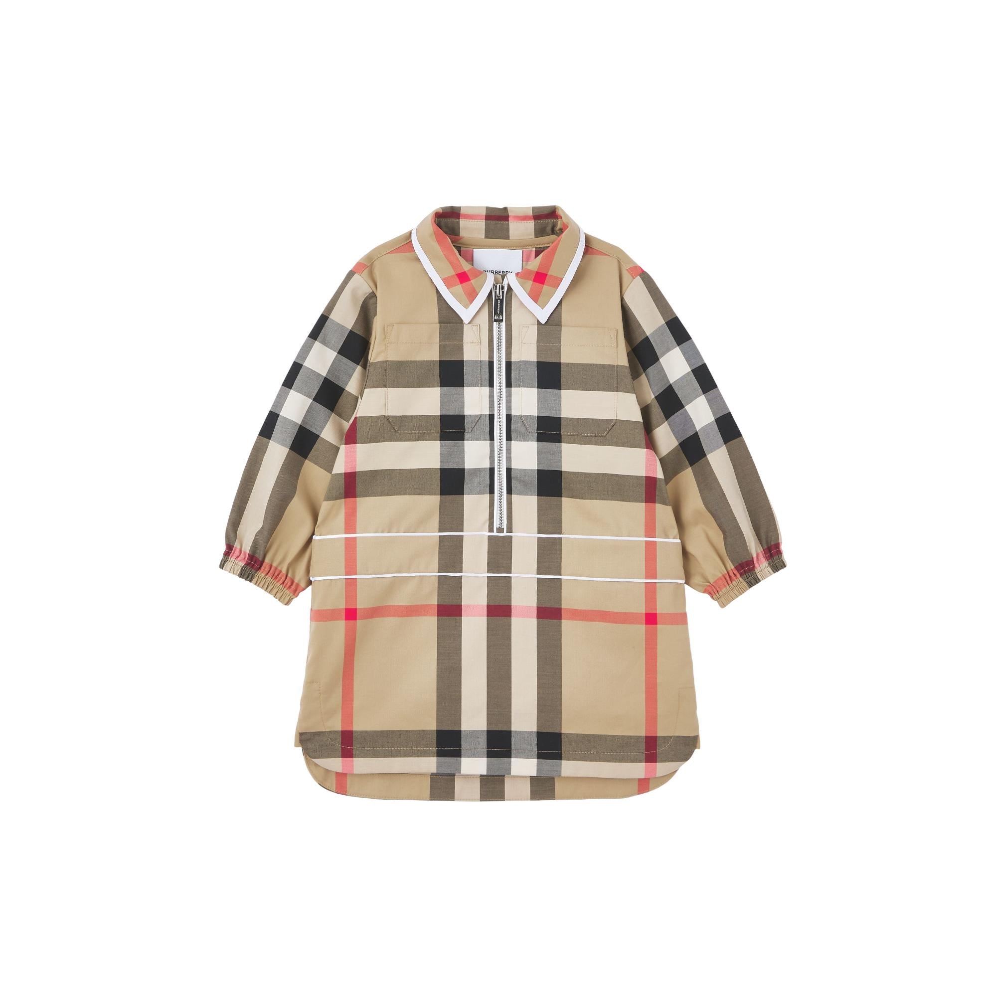 롱 슬리브 체크 스트레치 코튼 드레스