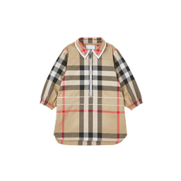 롱 슬리브 체크 스트레치 코튼 드레스