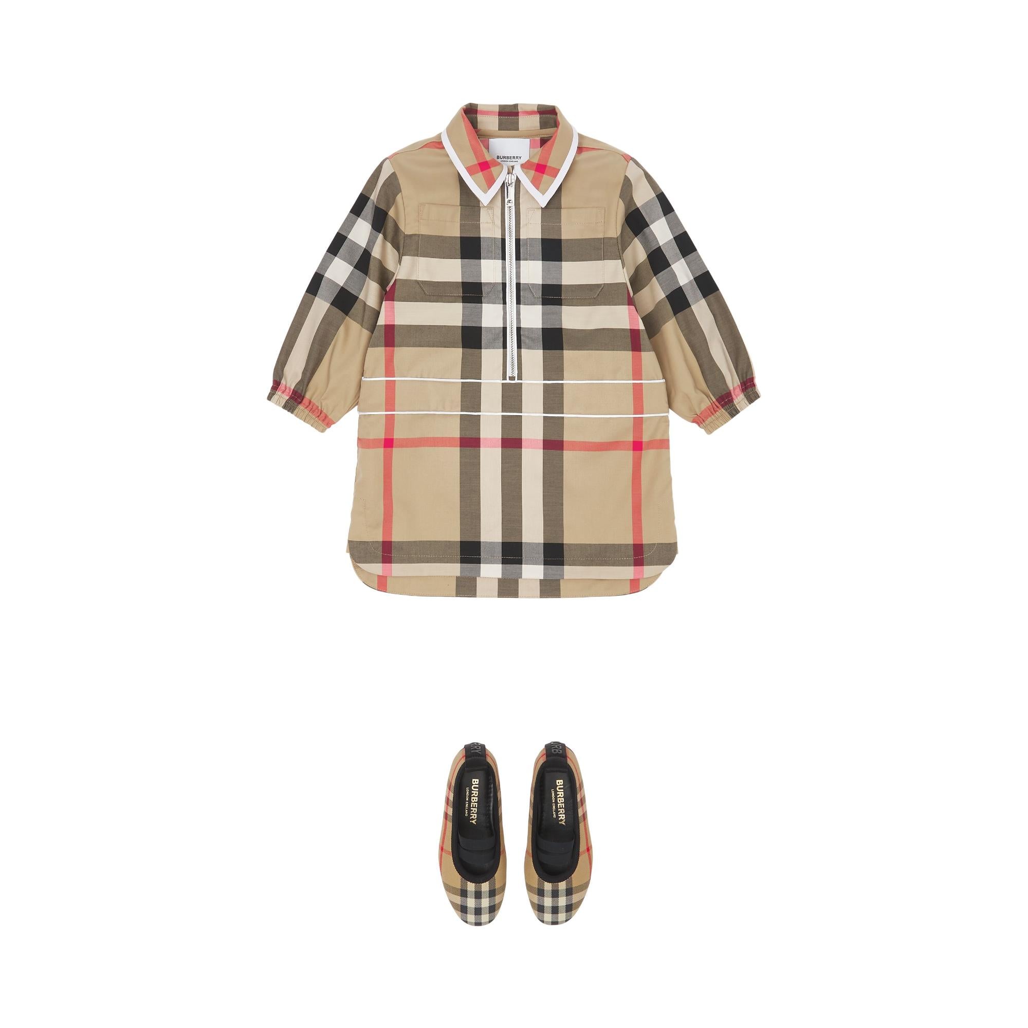 롱 슬리브 체크 스트레치 코튼 드레스