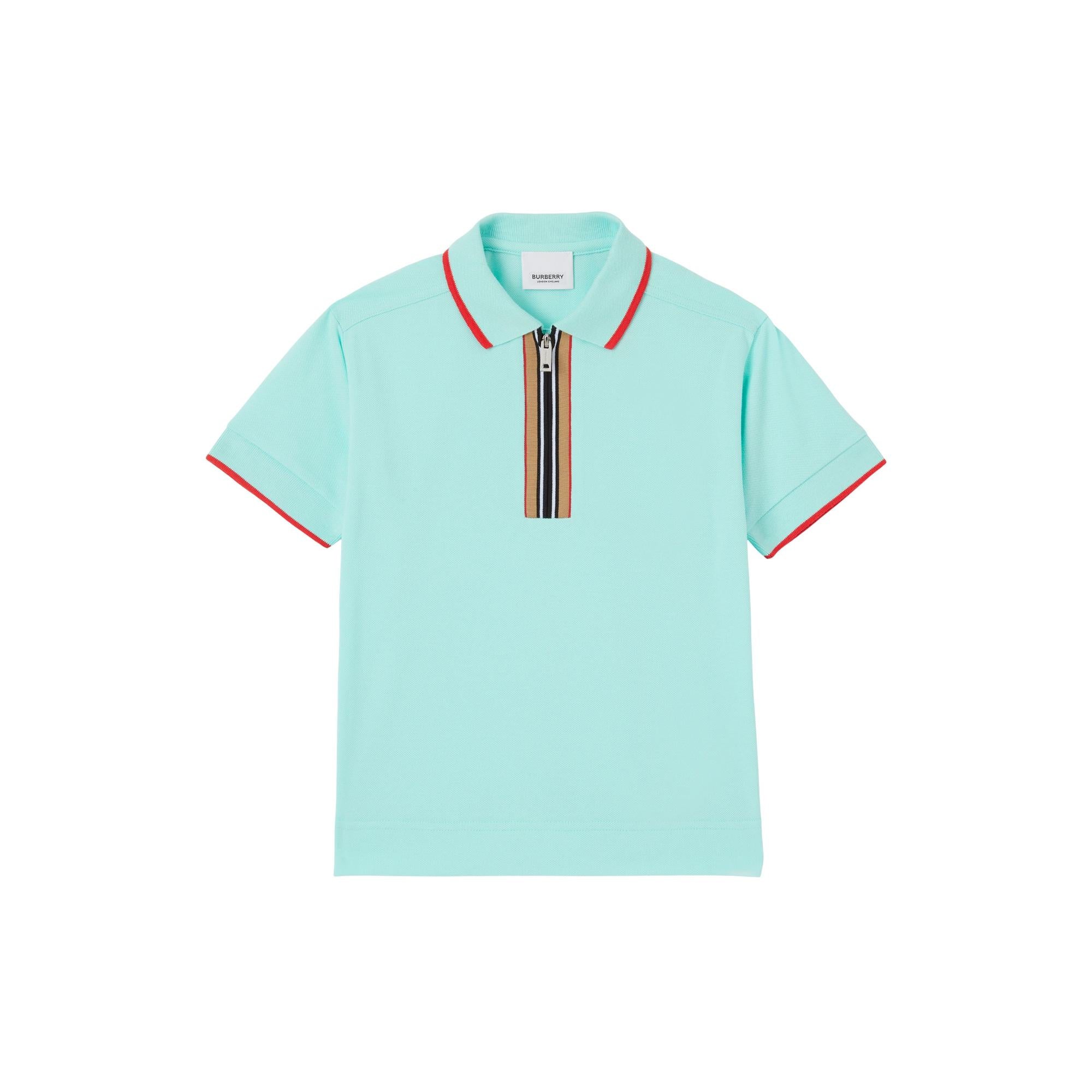 아이콘 스트라이프 디테일 코튼 지퍼 프런트 폴로셔츠