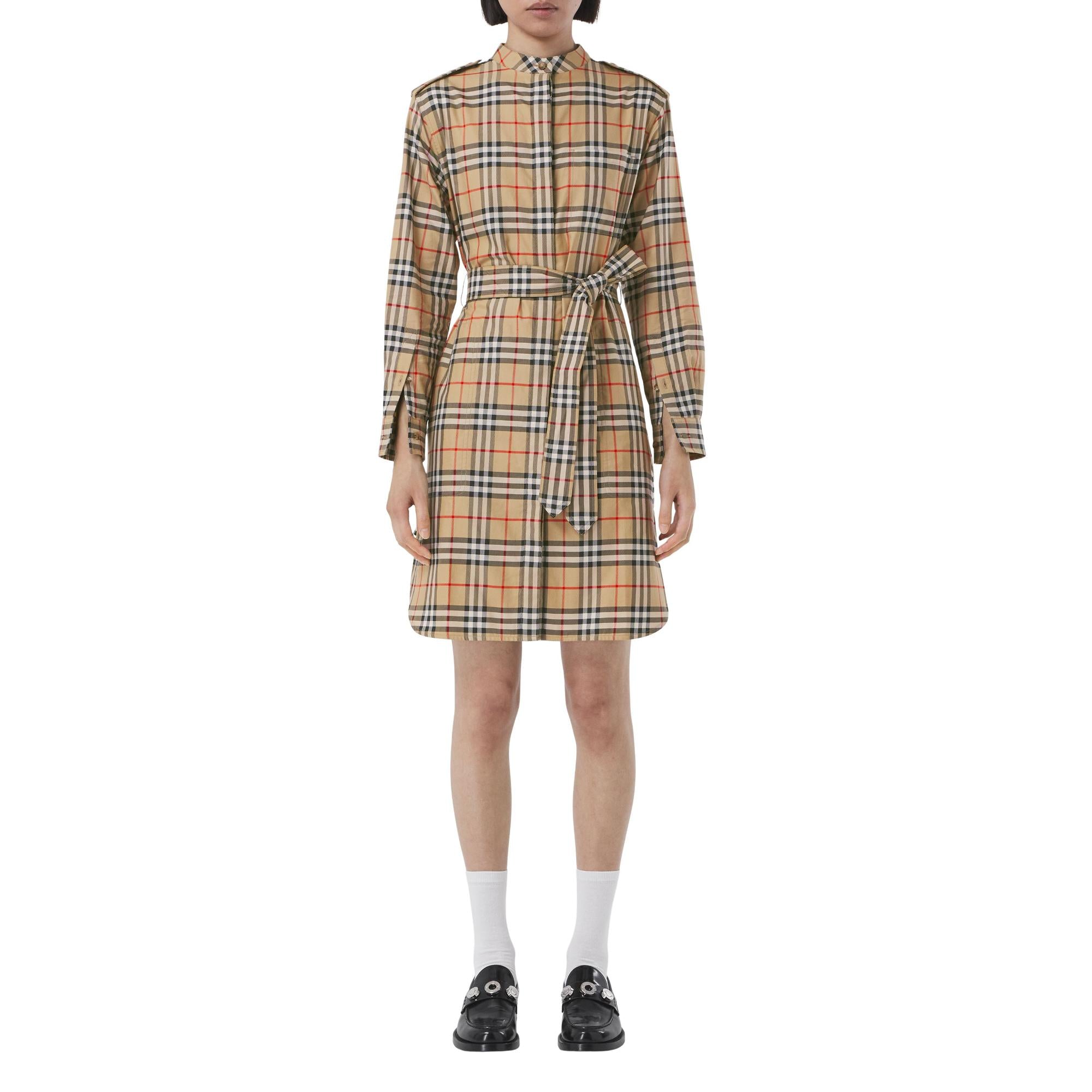 빈티지 체크 코튼 타이 웨이스트 셔츠 드레스