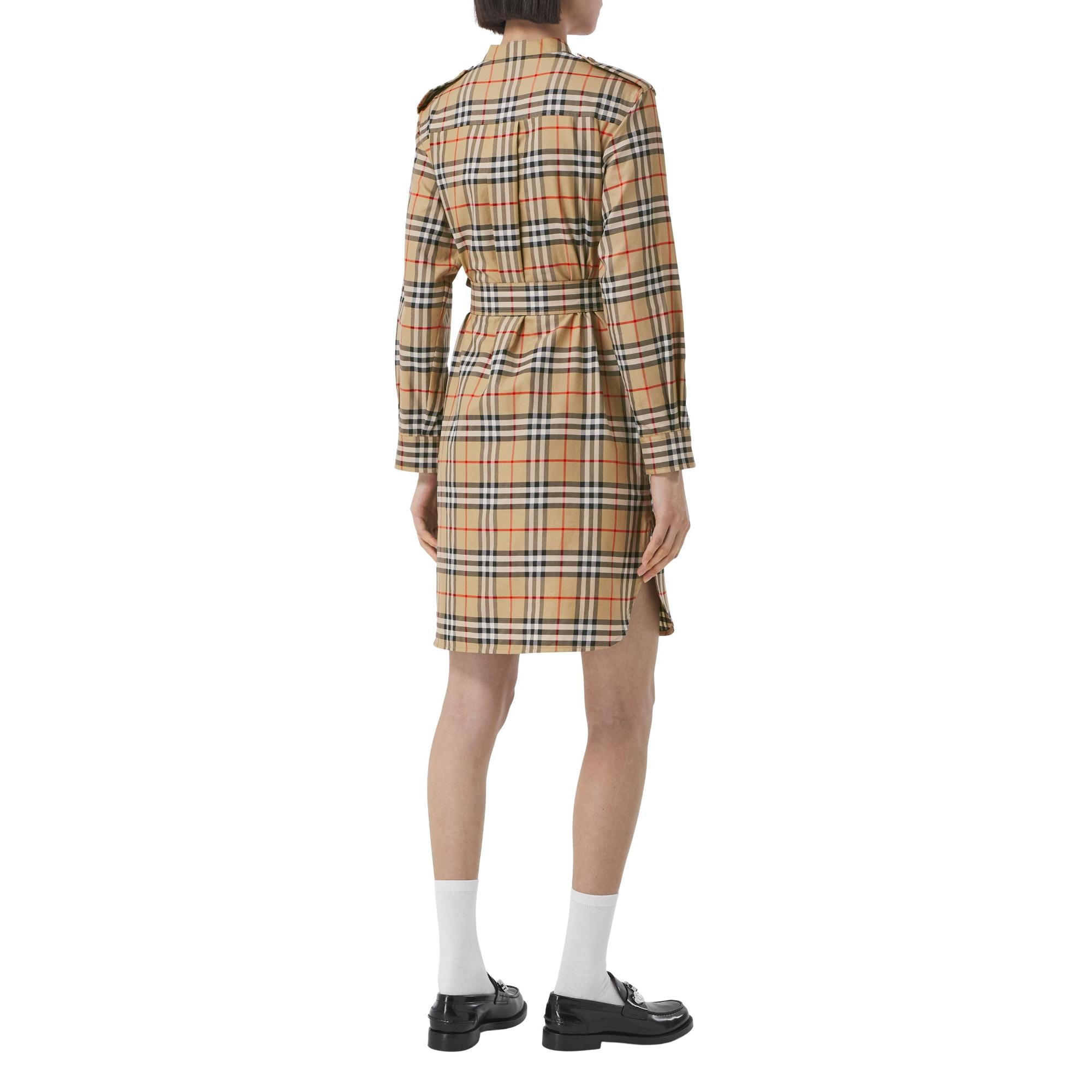 빈티지 체크 코튼 타이 웨이스트 셔츠 드레스